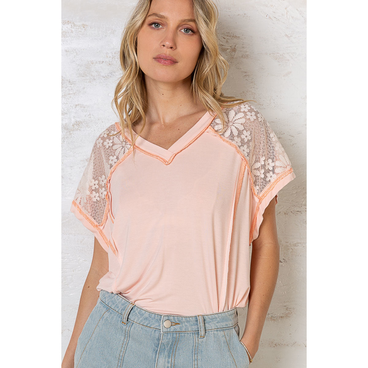 POL Women's Lace Knit Top - Peach Blush