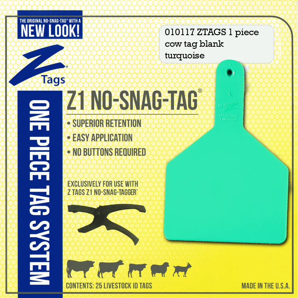 Z Tags Z1 No Snag 1-Piece Cow Tags - Turquoise