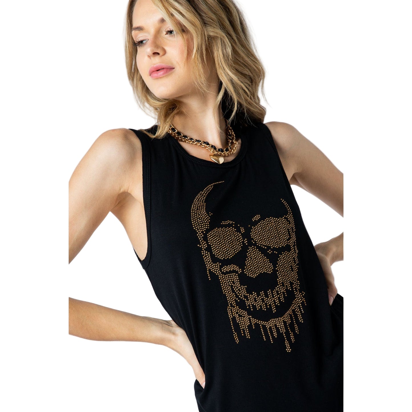Tank Top with Skull Western Print and Stones - Black