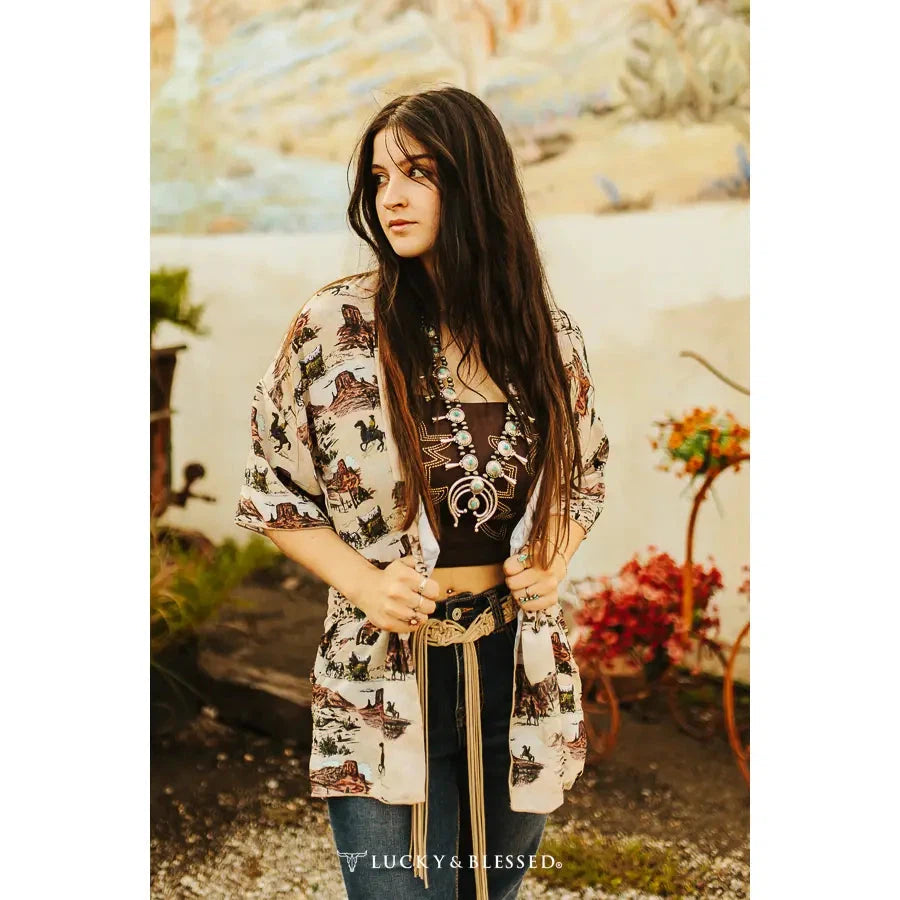 Lucky & Blessed Western Desert Cowboy Printed Kimono