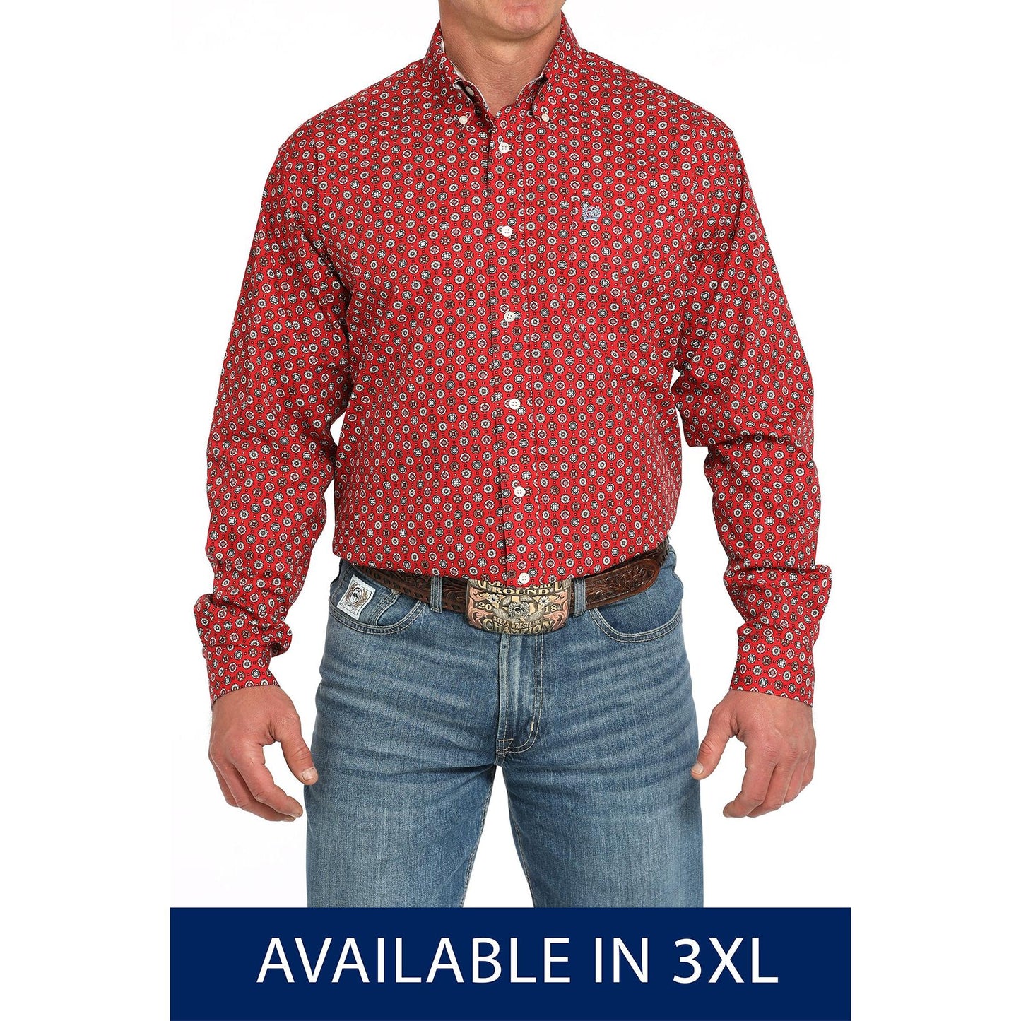 Cinch Men's Long Sleeve Patterned Print Button Down Shirt - Red