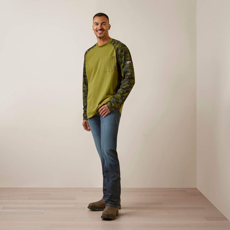 Ariat Men's Fire Resistant Stretch Camo Baseball T-Shirt - Avocado /Camo