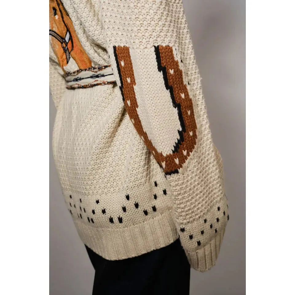 Blue B Women's Western Horse Belted Cardigan Sweater- Almond Beige