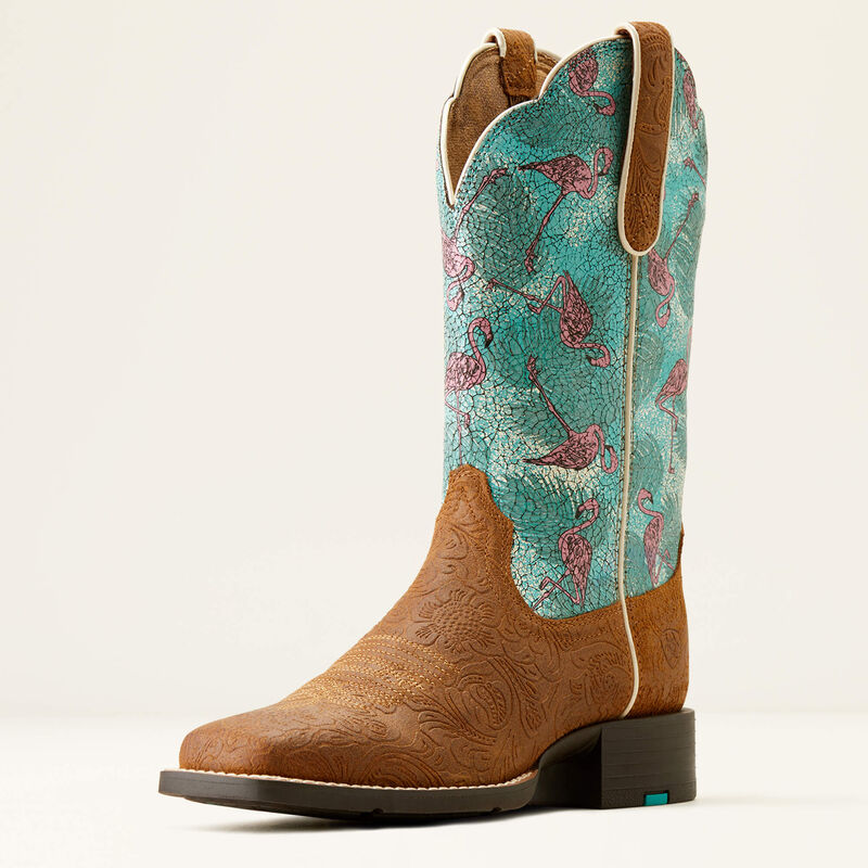 Ariat Women's Round Up Wide Square Toe Western Boots - Embossed Chestnut/Flock O Flamingos
