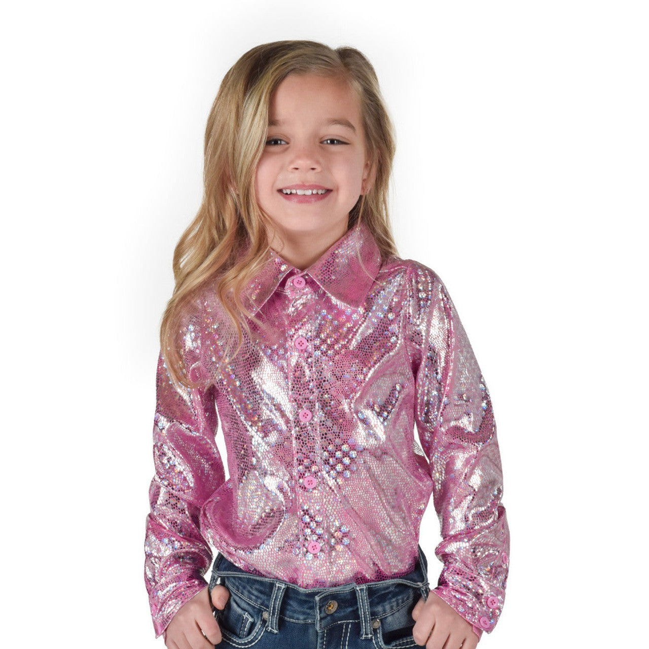 Cowgirl Tuff Girl's Pullover Button Up Shirt - Hot Pink Iridescent