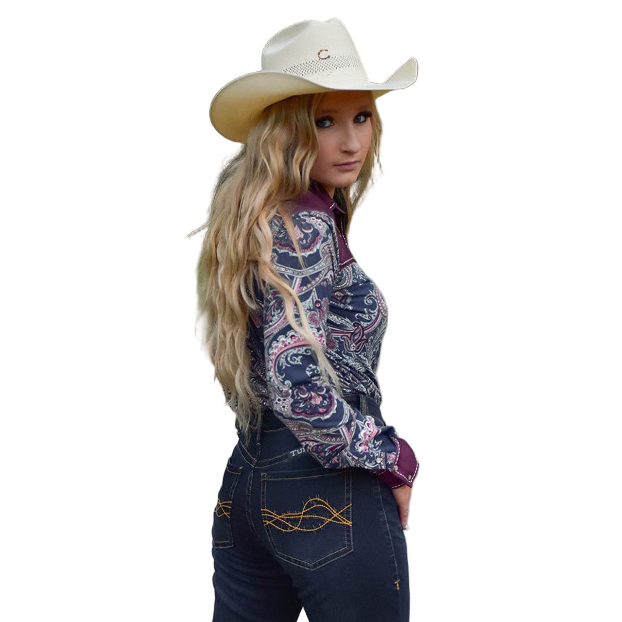 Cowgirl Tuff Women's Pullover Button-Up Long Sleeve Shirt - Paisley & Burgundy