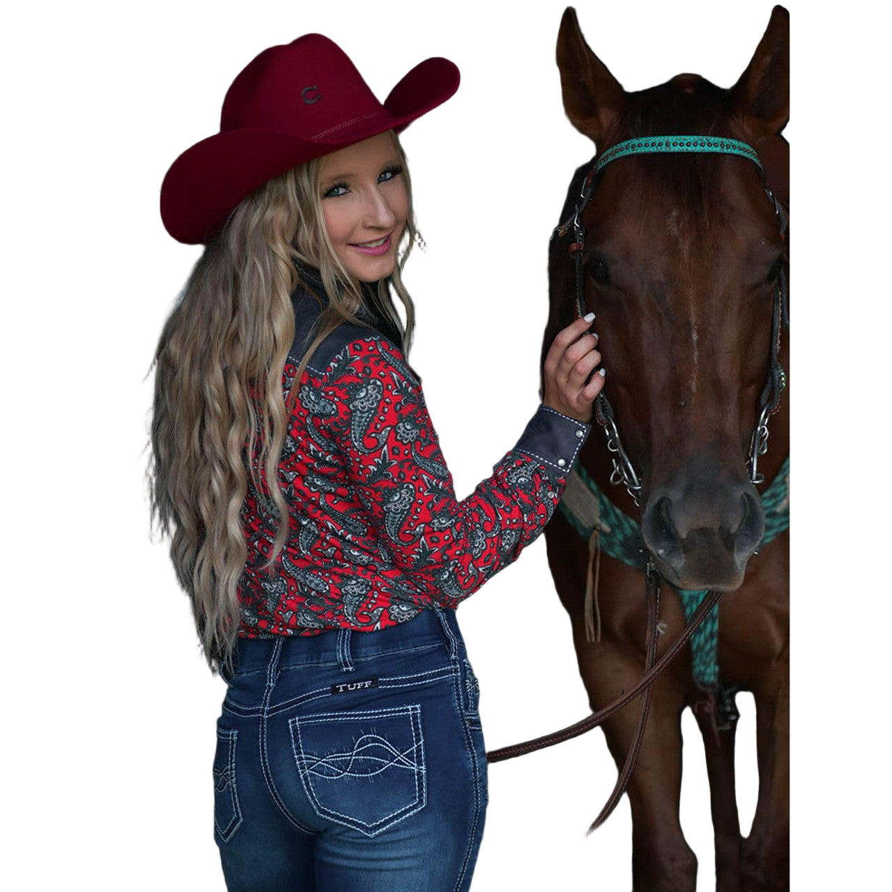 Cowgirl Tuff Women's Pullover Button-Up Long Sleeve Shirt - Red Paisley & Grey Suede