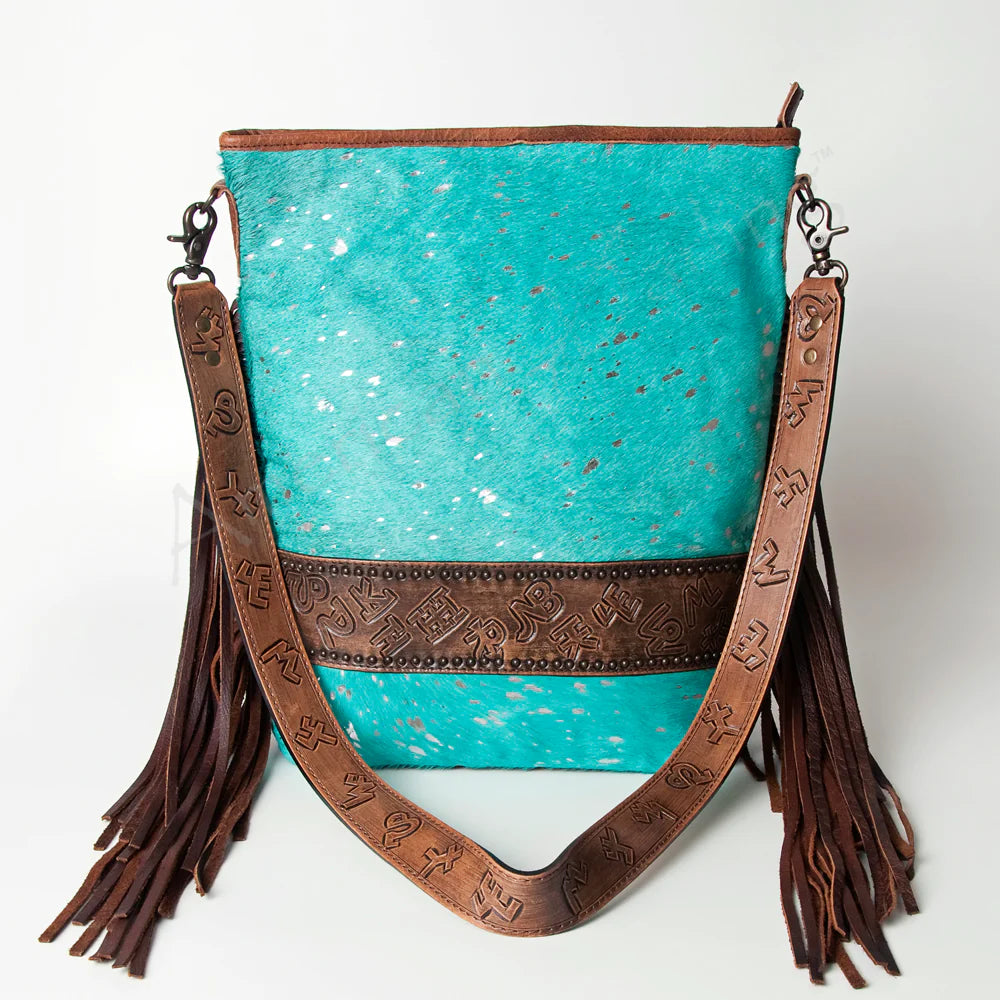 American Darling Women's Hand-Tooled Hair-On Crossbody Purse w/Fringe - Turquoise