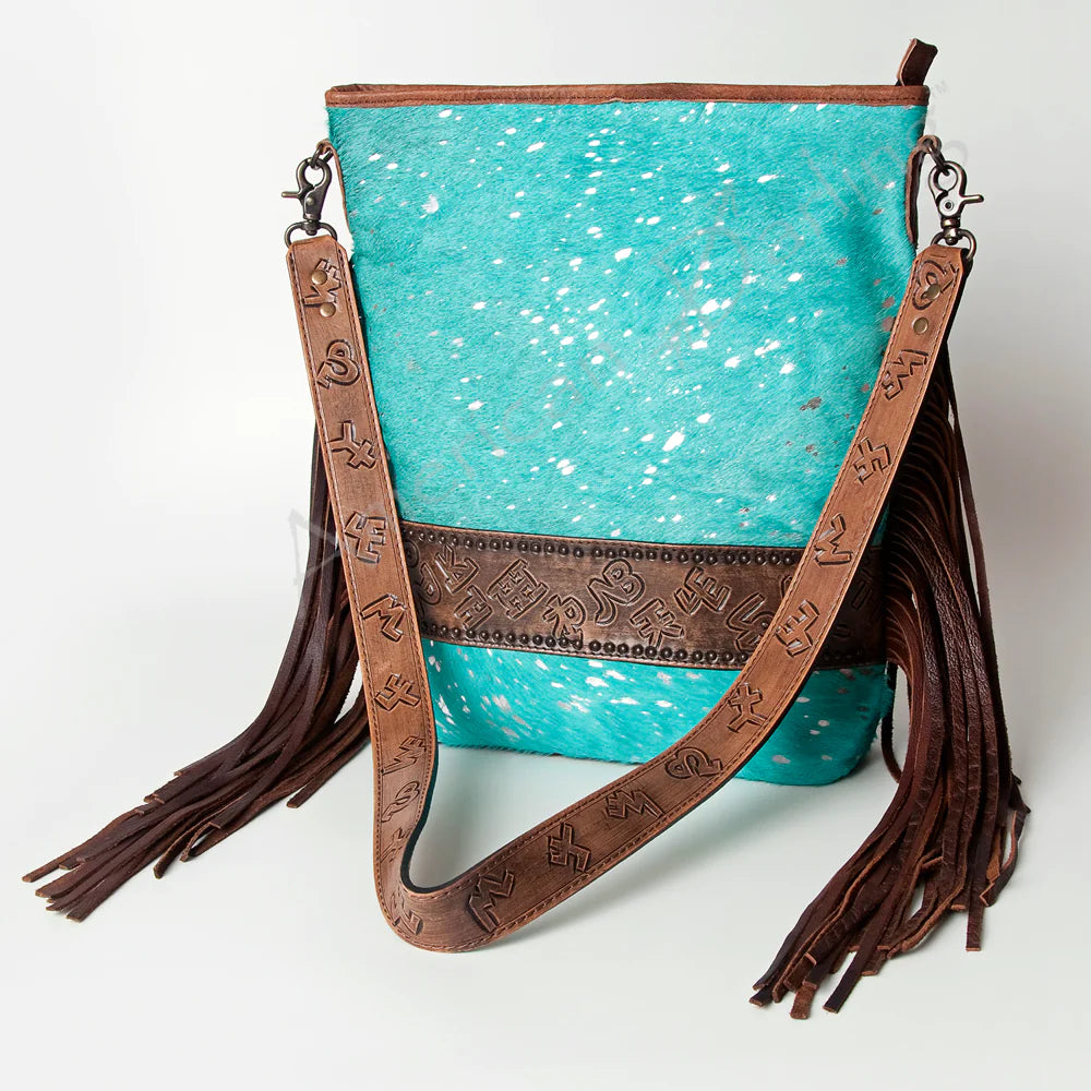 American Darling Women's Hand-Tooled Hair-On Crossbody Purse w/Fringe - Turquoise