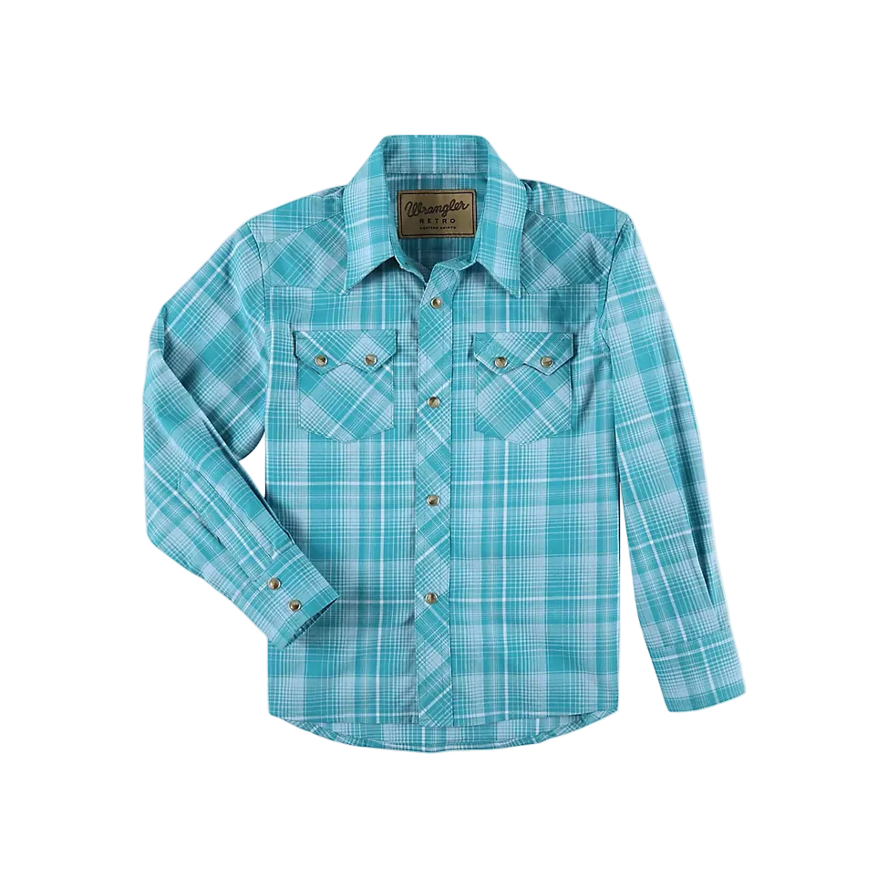 Wrangler Boy's Retro Western Snap Plaid Shirt w/Front Sawtooth Pockets - Bold Teal