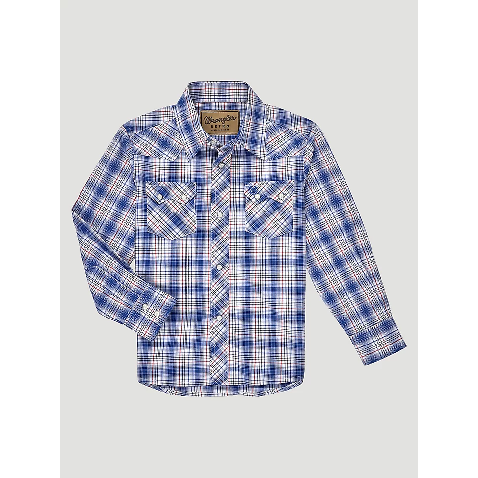 Wrangler Boys Retro Western Snap Plaid Shirt w/ Front Sawtooth Pockets - Picnic Navy