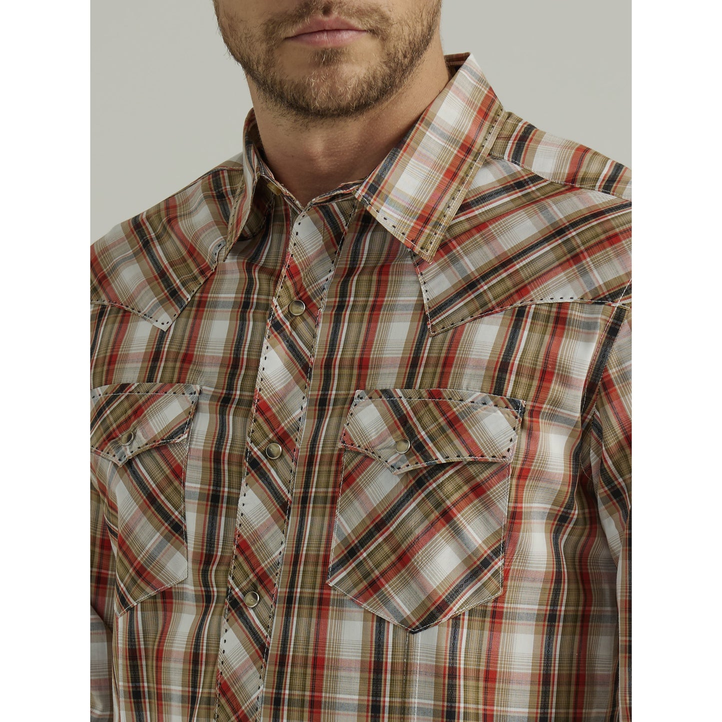 Wrangler Men's Wrinkle Free Long Sleeve Snap Shirt - Brown/Orange