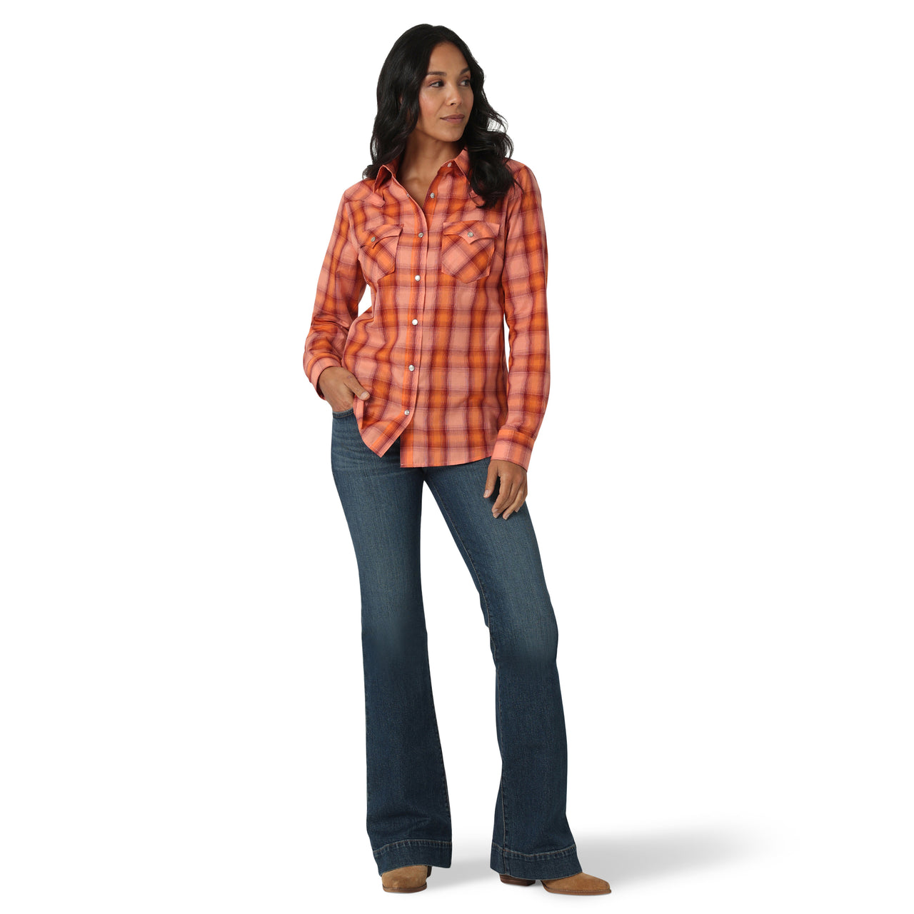 Wrangler Women's LS Essential Snap Shirt - Plaid Orange