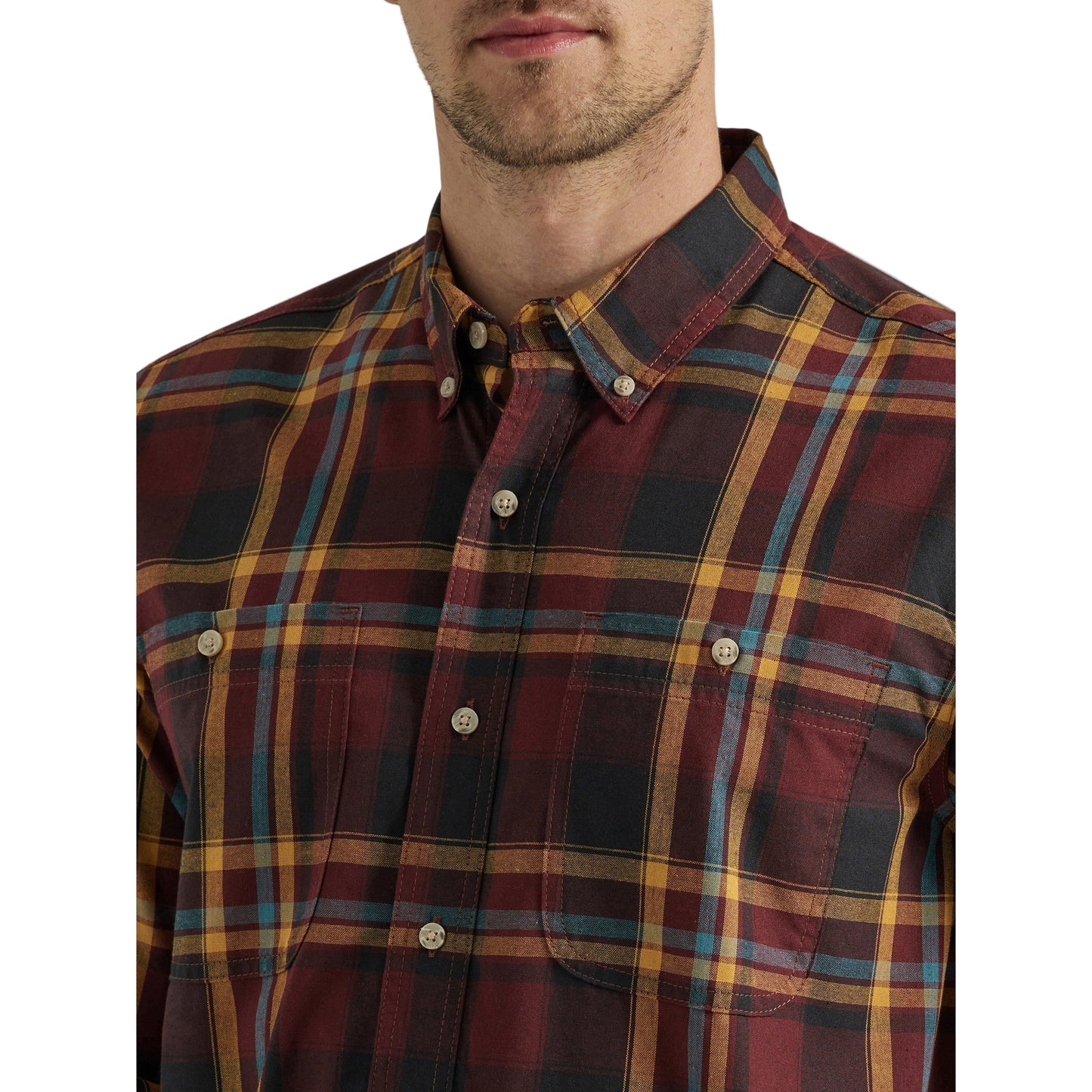 Wrangler Men's Rugged Wear Blue Ridge Plaid Long Sleeve Shirt - Burgundy