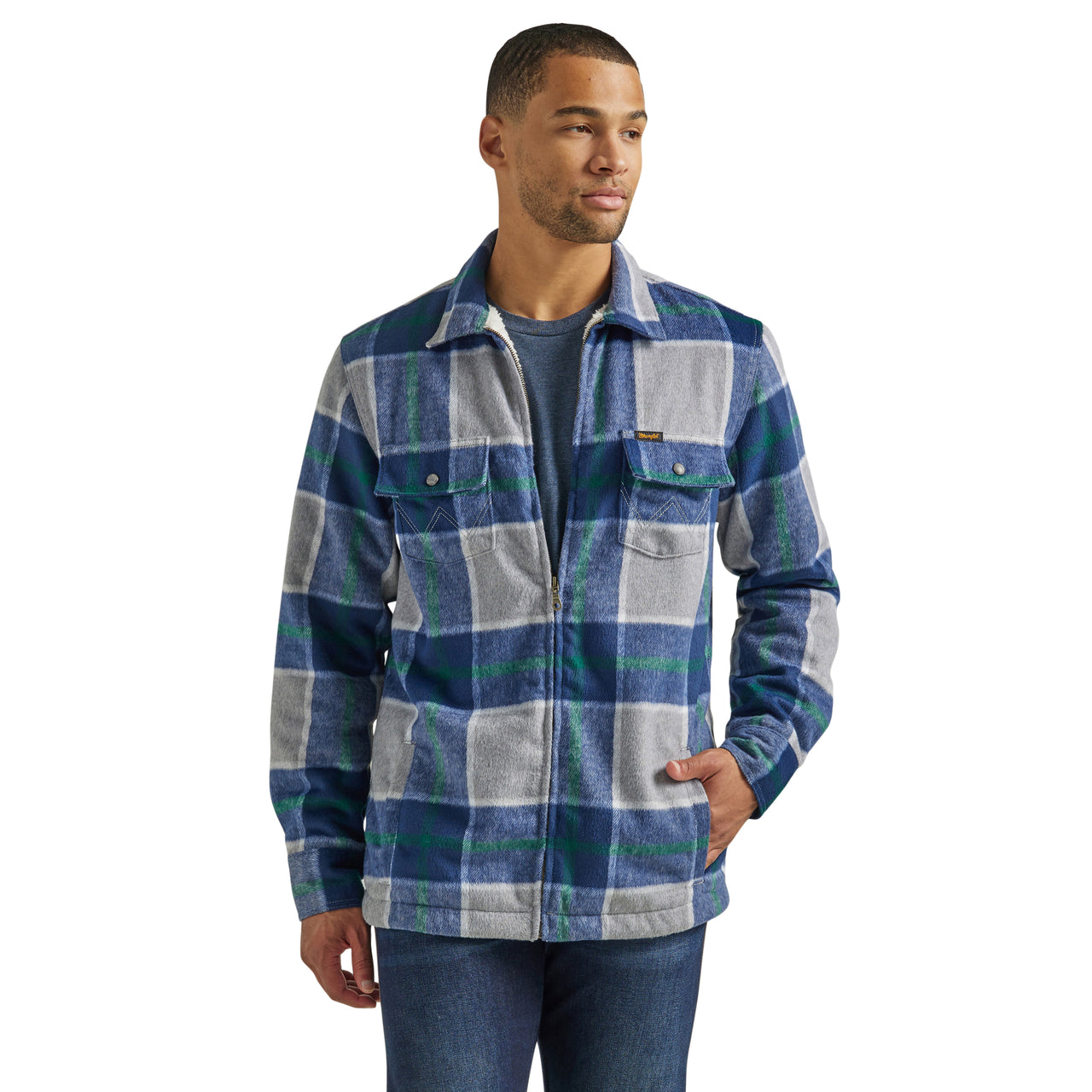 Wrangler Men's Sherpa Lined Flannel Shirt Jacket - Navy