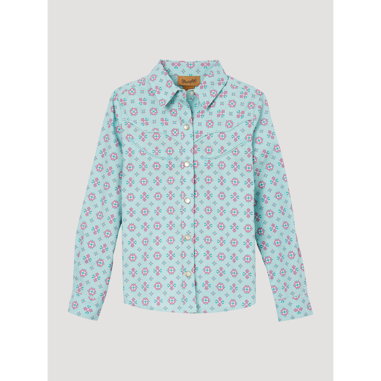 Wrangler Girl's Long Sleeve Geometric Snap Shirt - Turquoise