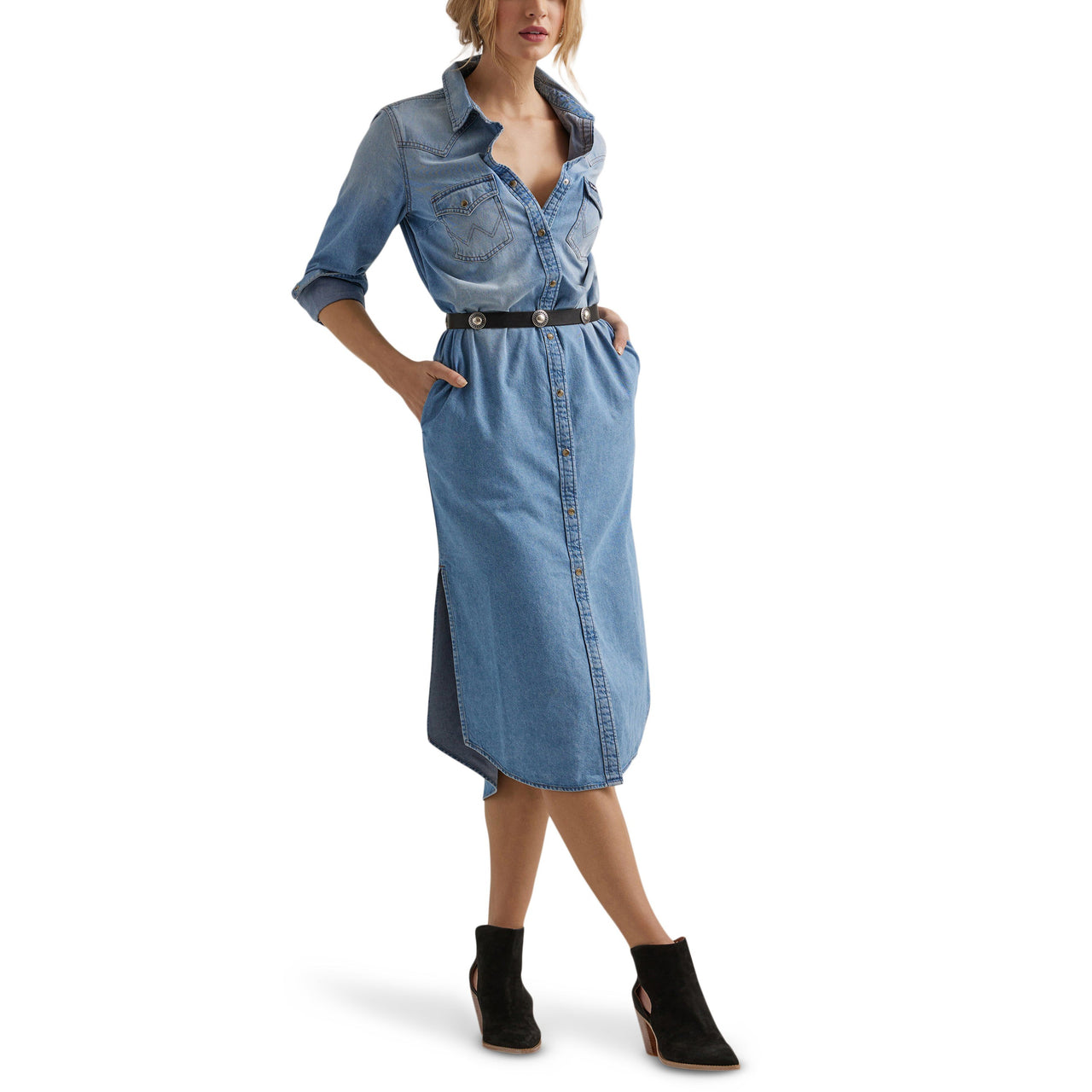 Wrangler Women's Retro Long Sleeve Denim Snap Midi Dress - Medium Wash