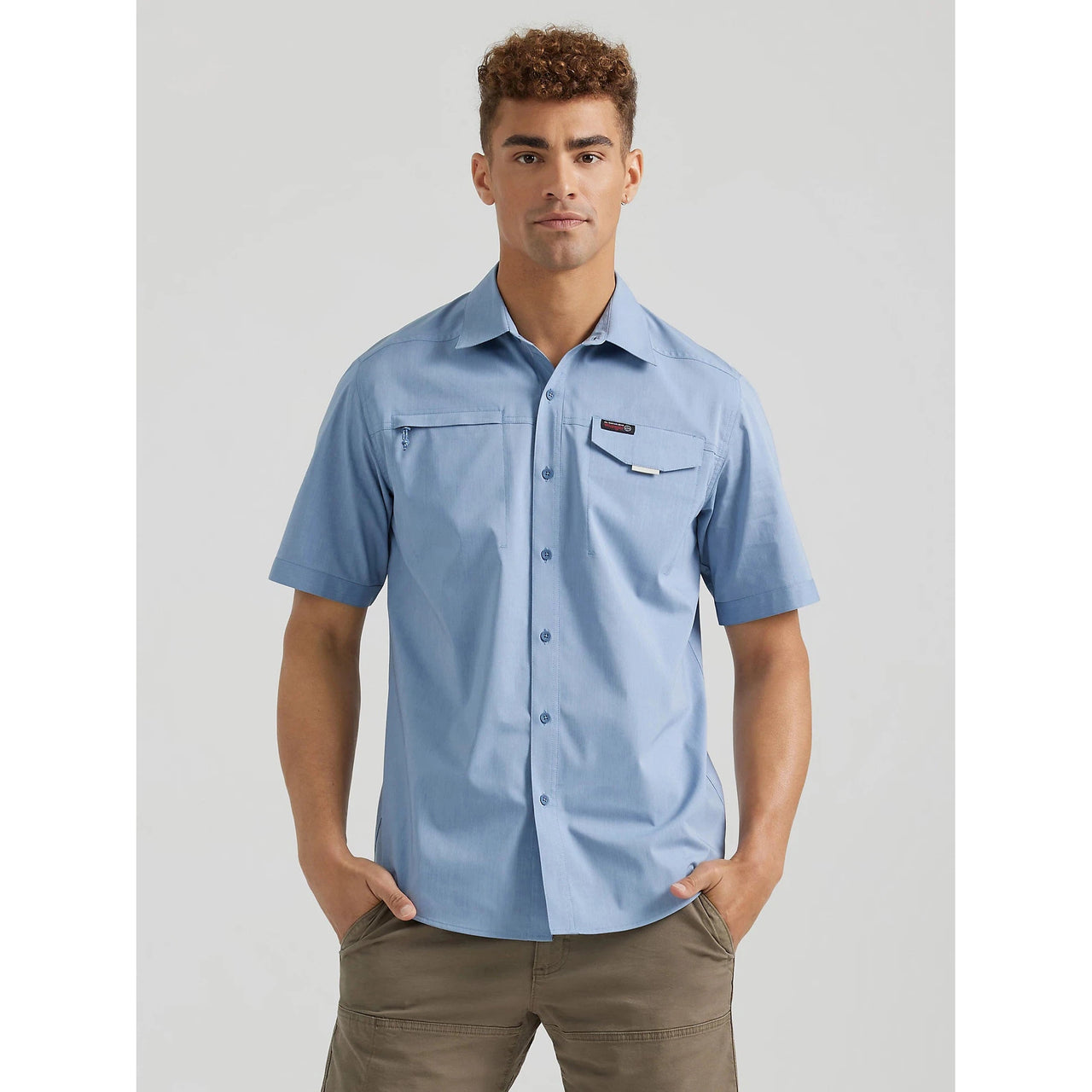 Wrangler Men's ATG Short Sleeve Asymmetric Zip Pocket Plaid Shirt - Coronet Blue