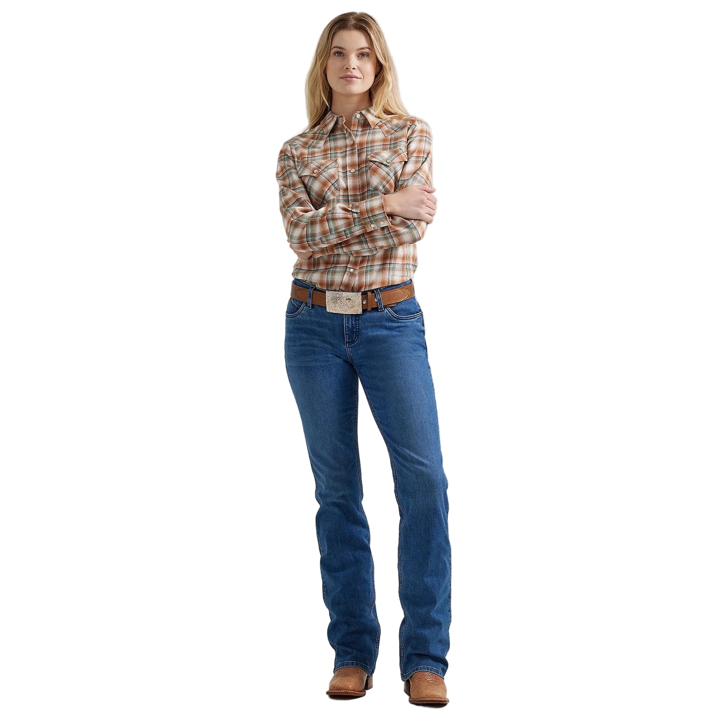 Wrangler HO24 West Women's Essential Plaid Long Sleeve Shirt- White