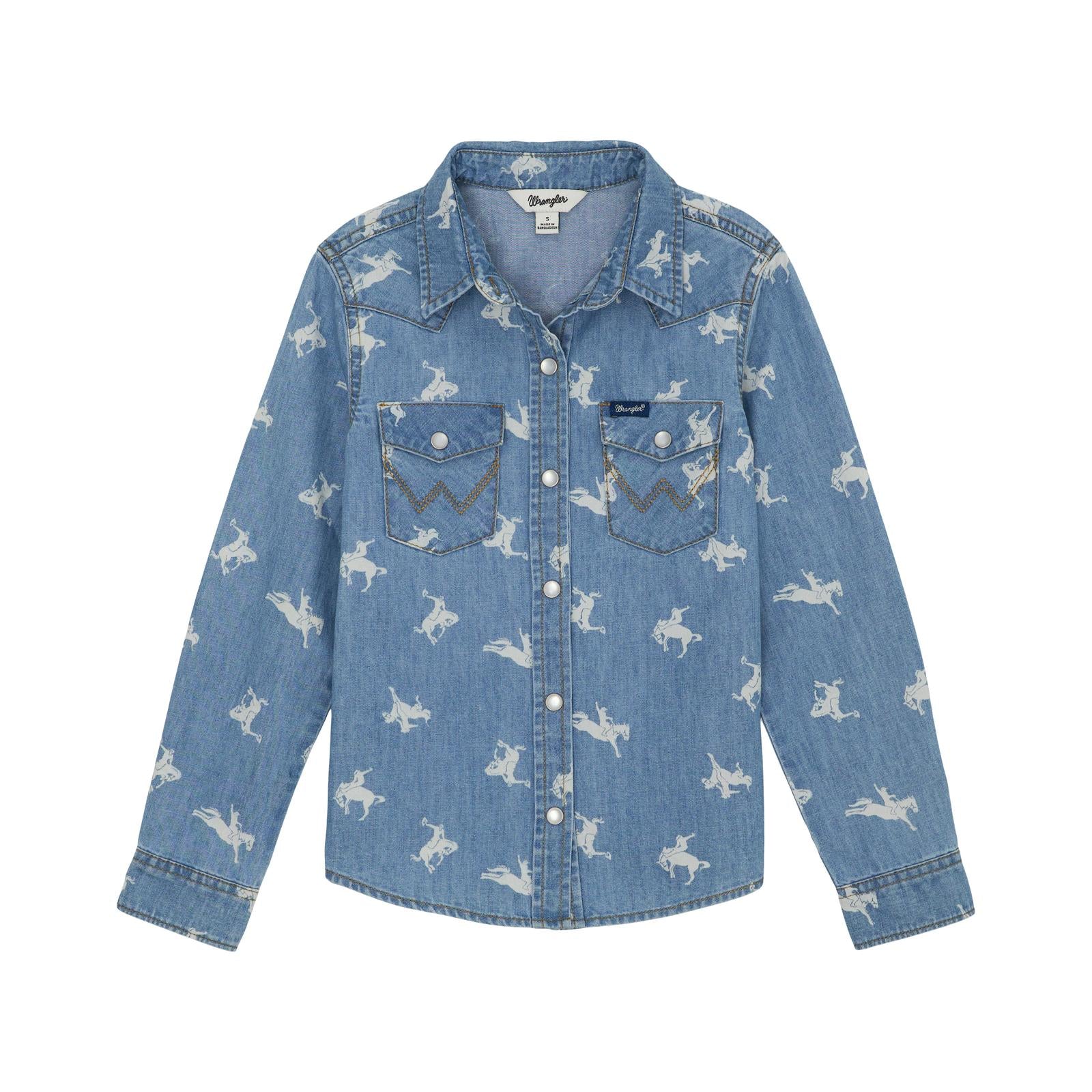 Wrangler Girl's Long Sleeve Western Denim Dress-Mid Denim