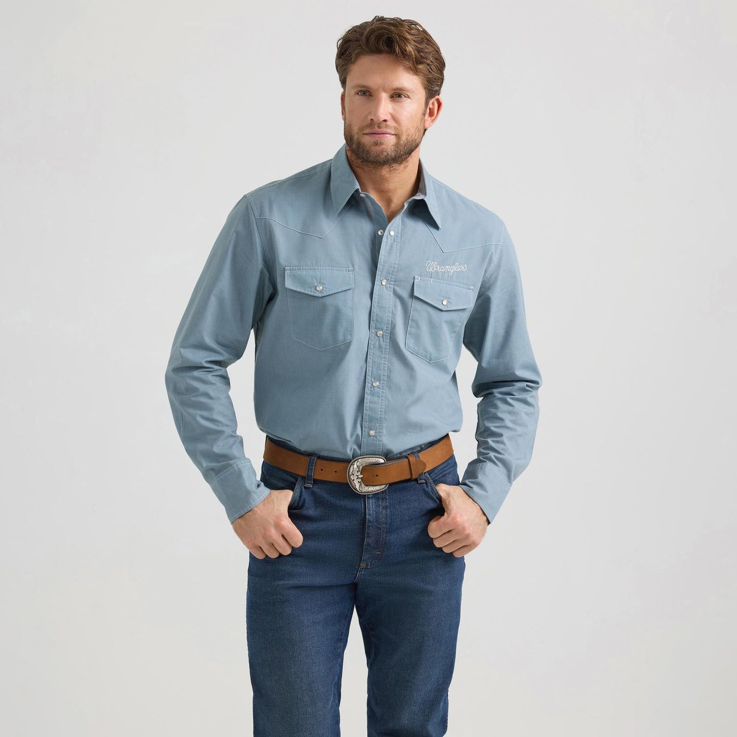 Wrangler Men's Long Sleeve Western Vintage Shirt - Chambray Blue