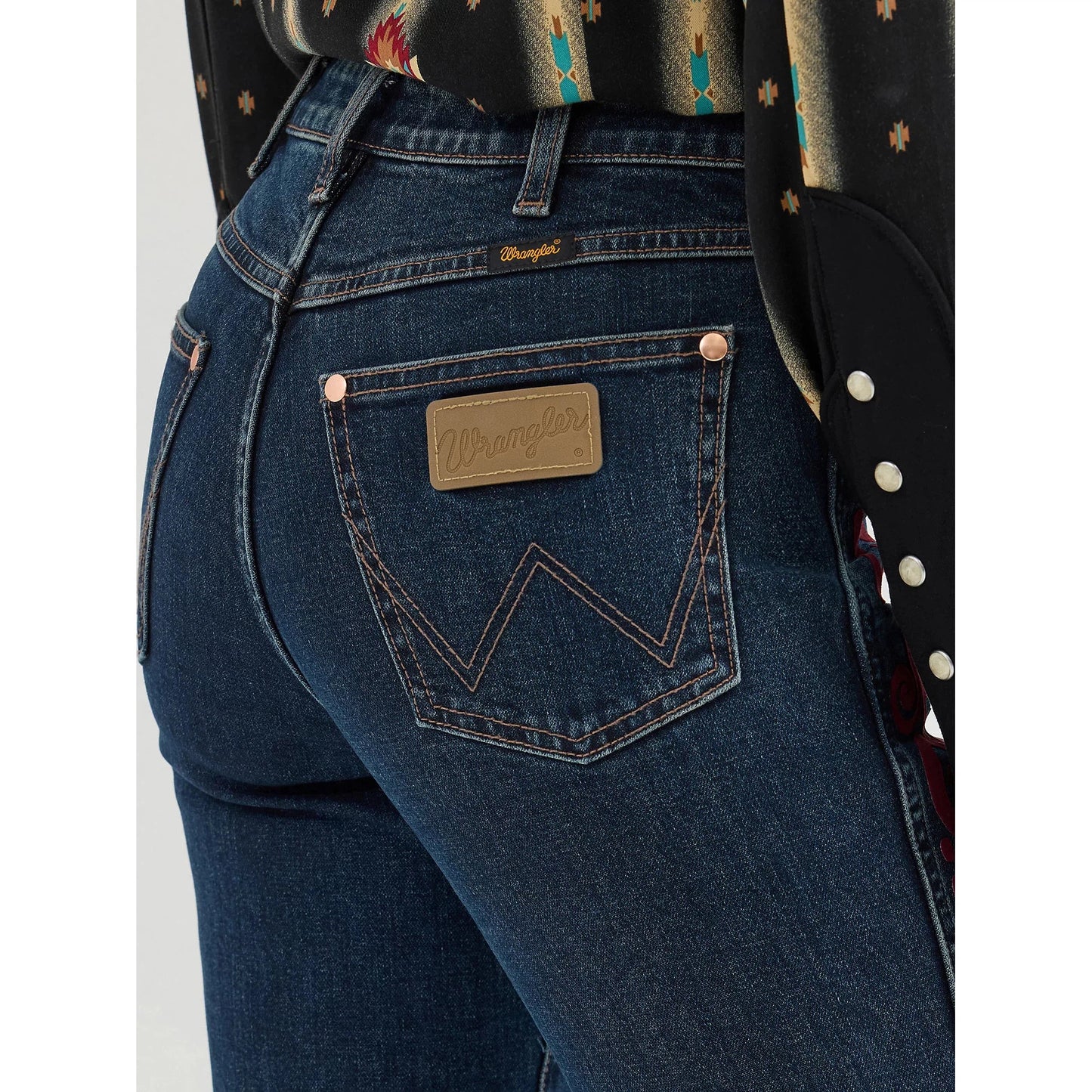 Wrangler Women's Lainey Wilson Vintage Flock Flare- Maroon Dark Wash