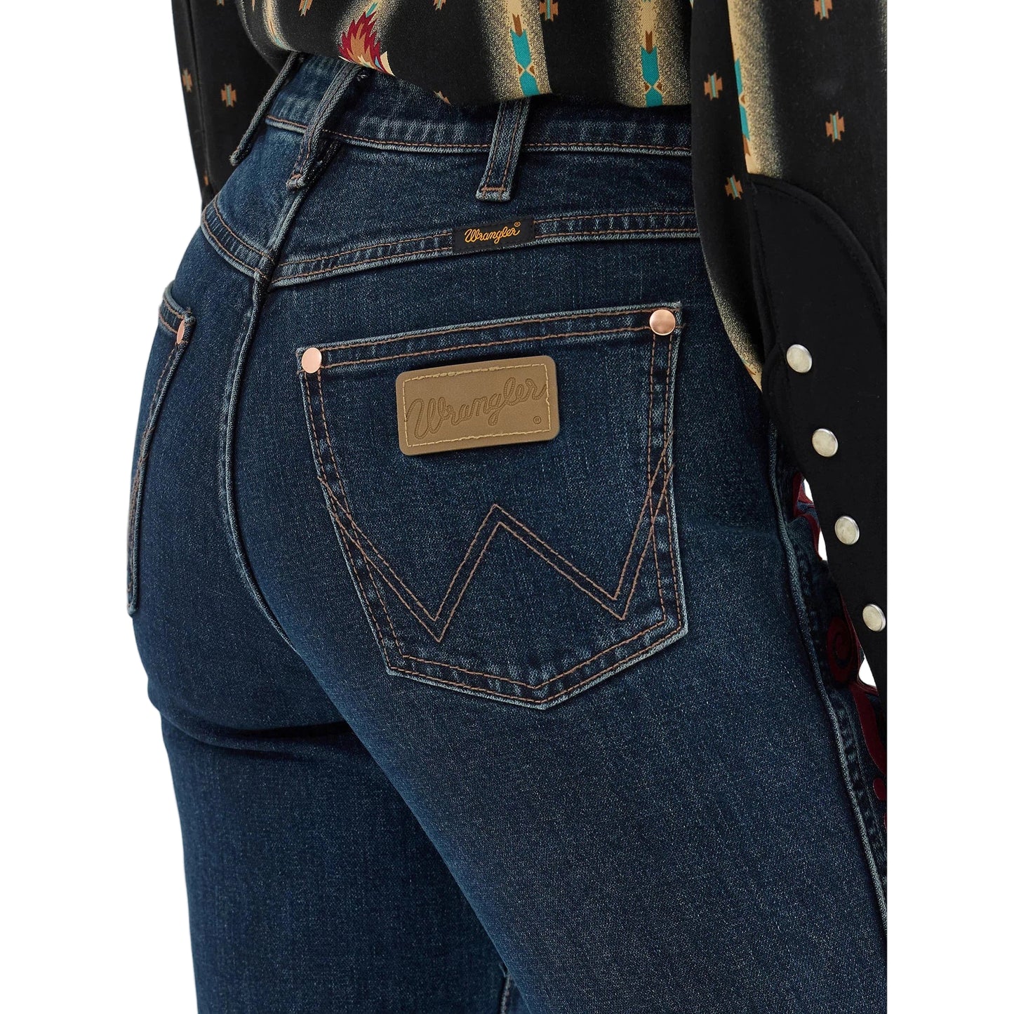 Wrangler Women's Lainey Wilson Vintage Flock Flare - Maroon Dark Wash - Irvine Tack & Western Wear
