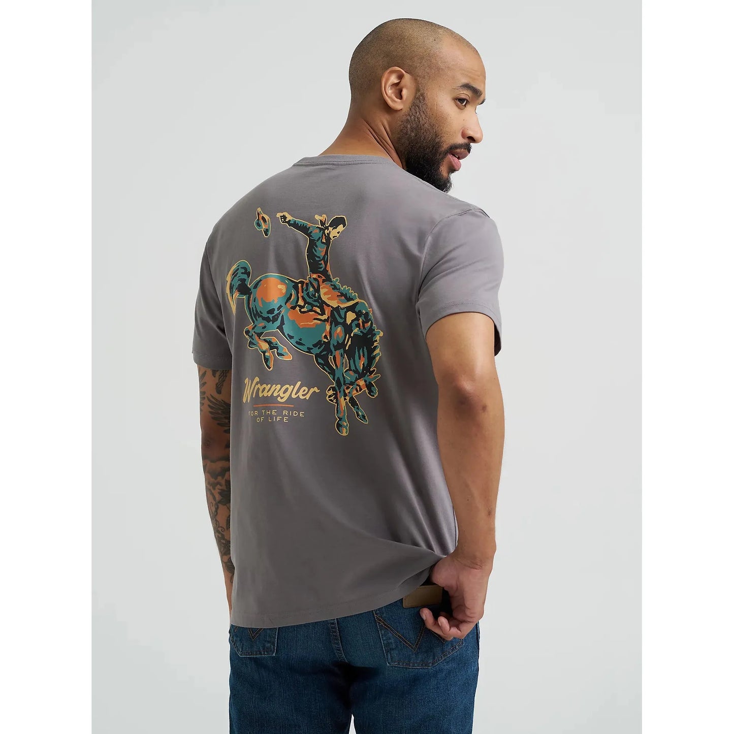 Wrangler Men's Bucking Cowboy Back Graphic Short Sleeve Tee Shirt - Quiet Shade
