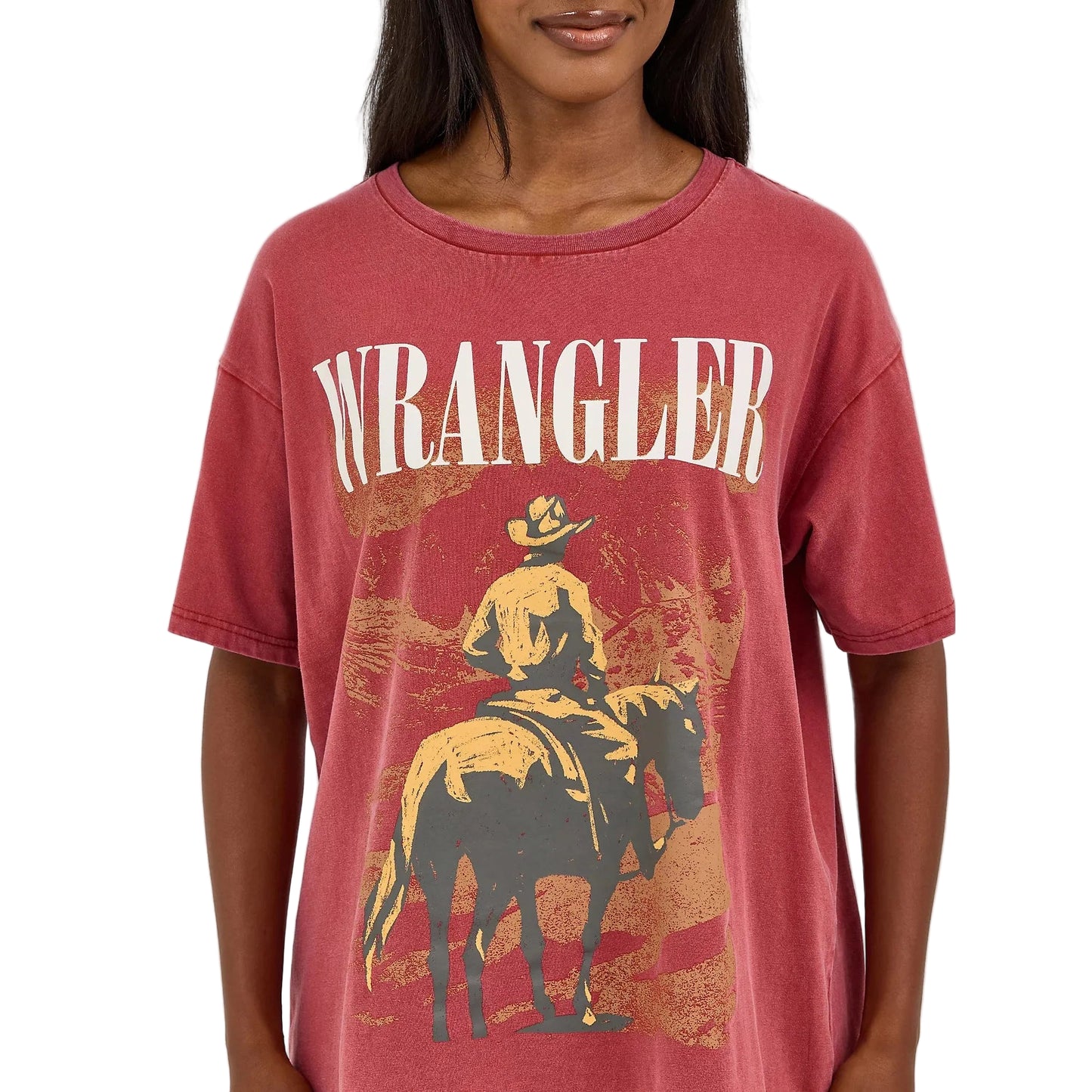 Wrangler Women's Acid Wash Graphic Oversized Short Sleeve Tee Shirt- Chili Oil