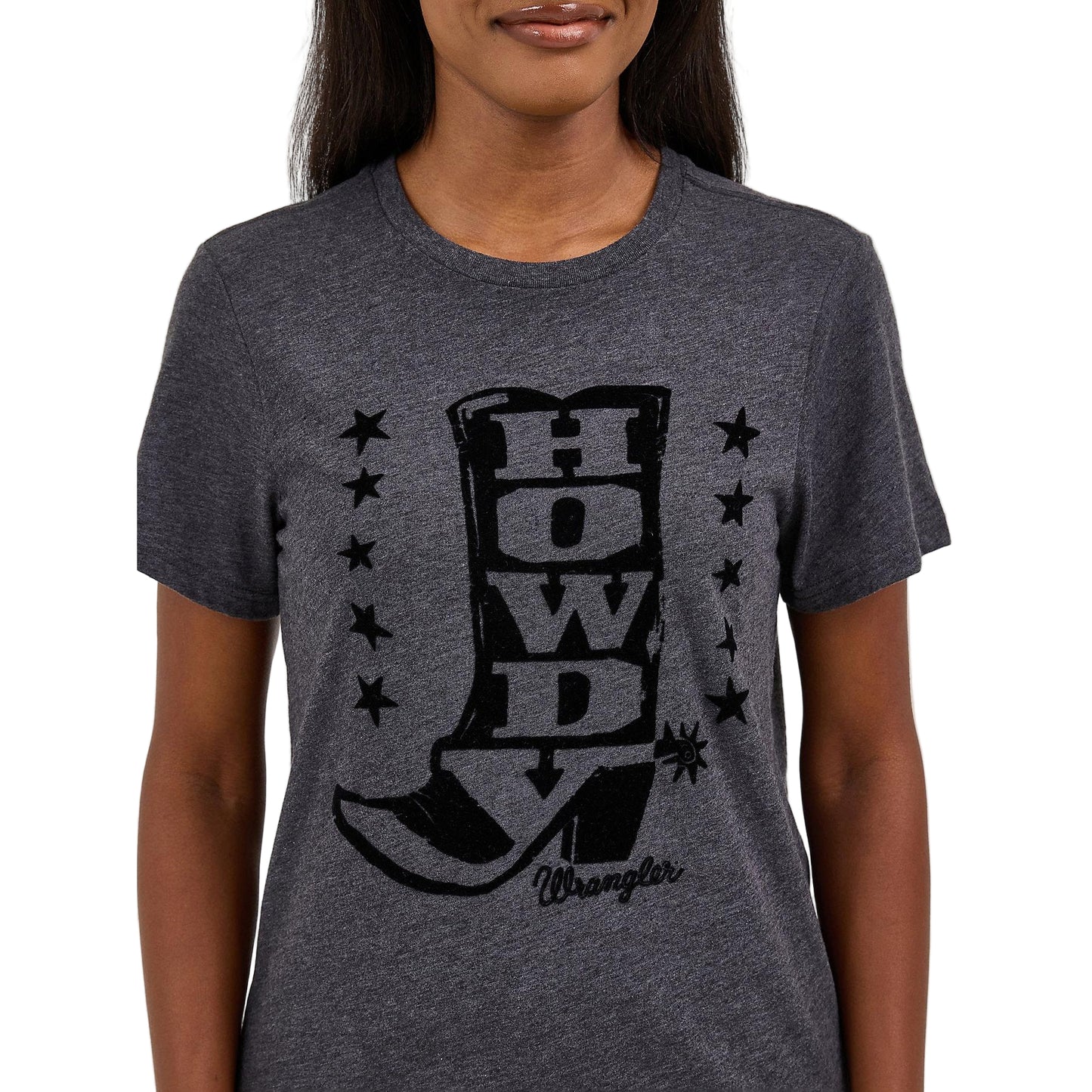 Wrangler Women's Flocked Boot Short Sleeve Tee Shirt- Black Beauty