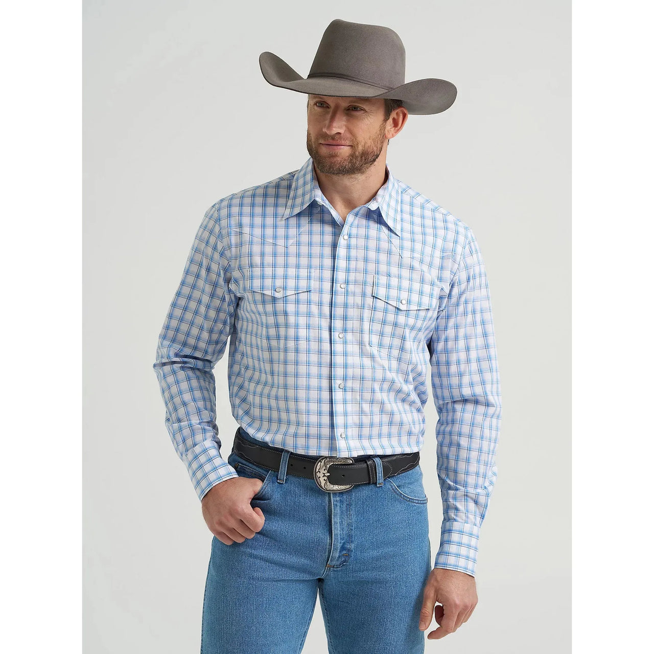 Wrangler Men's Wrinkle Resistant Long Sleeve Western Plaid Shirt - True Blue Plaid
