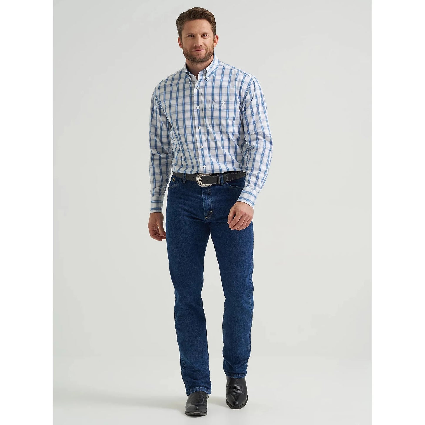 Wrangler Men's George Strait Long Sleeve Button Down Shirt - Navy Blue Plaid