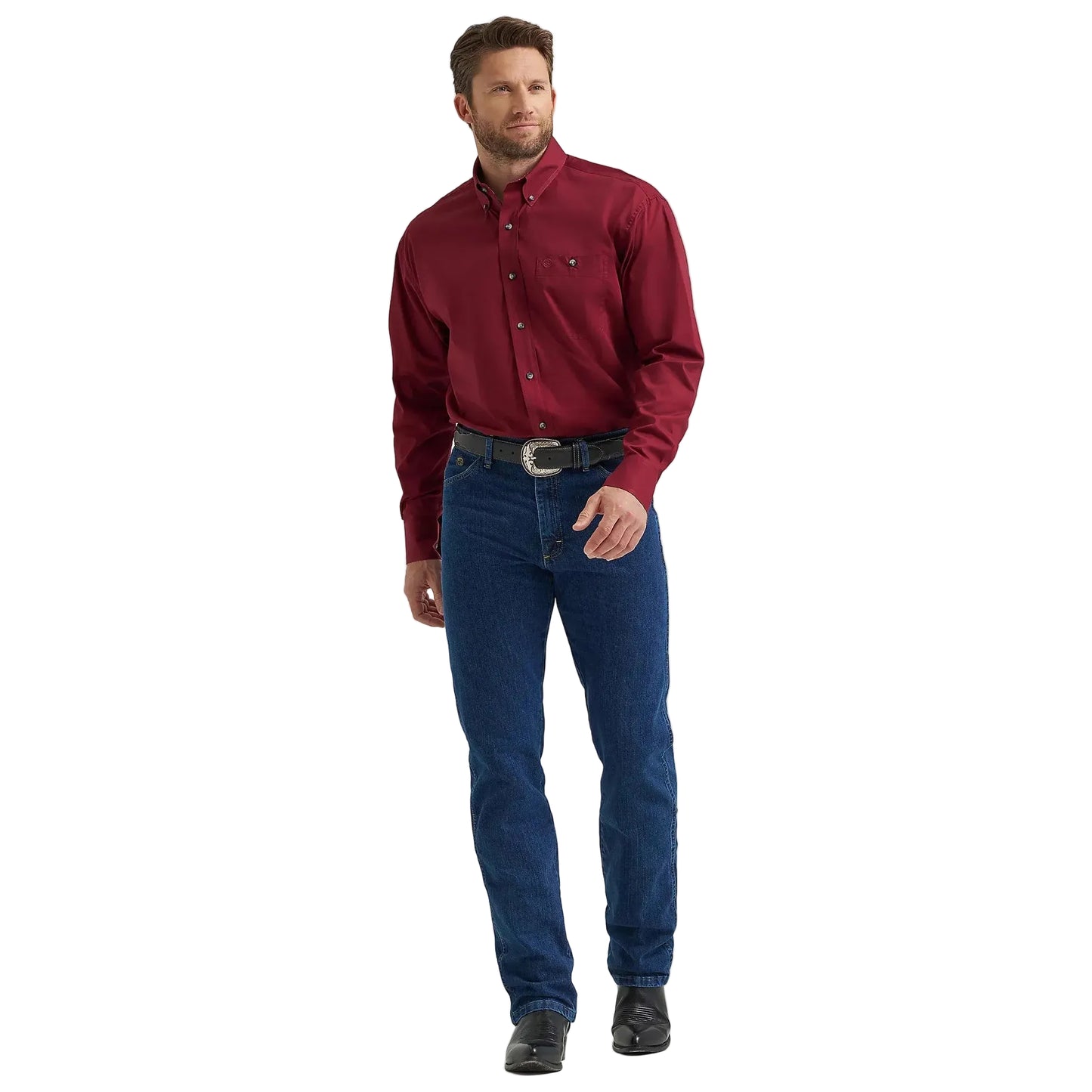 Wrangler Men's George Strait Long Sleeve Solid Button Down Shirt - Burgundy Wine