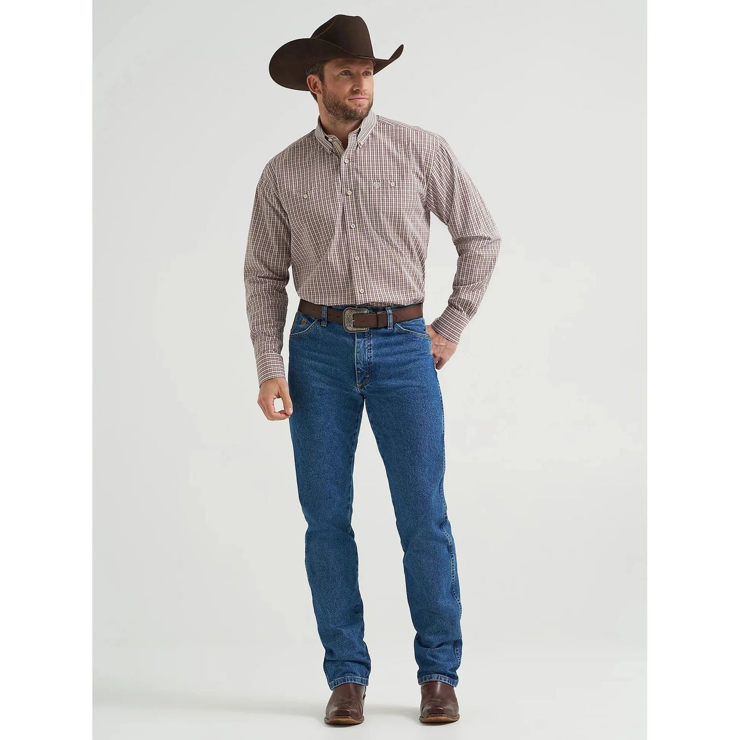 Wrangler Men's George Strait Long Sleeve Button Down Two Pocket Shirt - Purple Tan Plaid