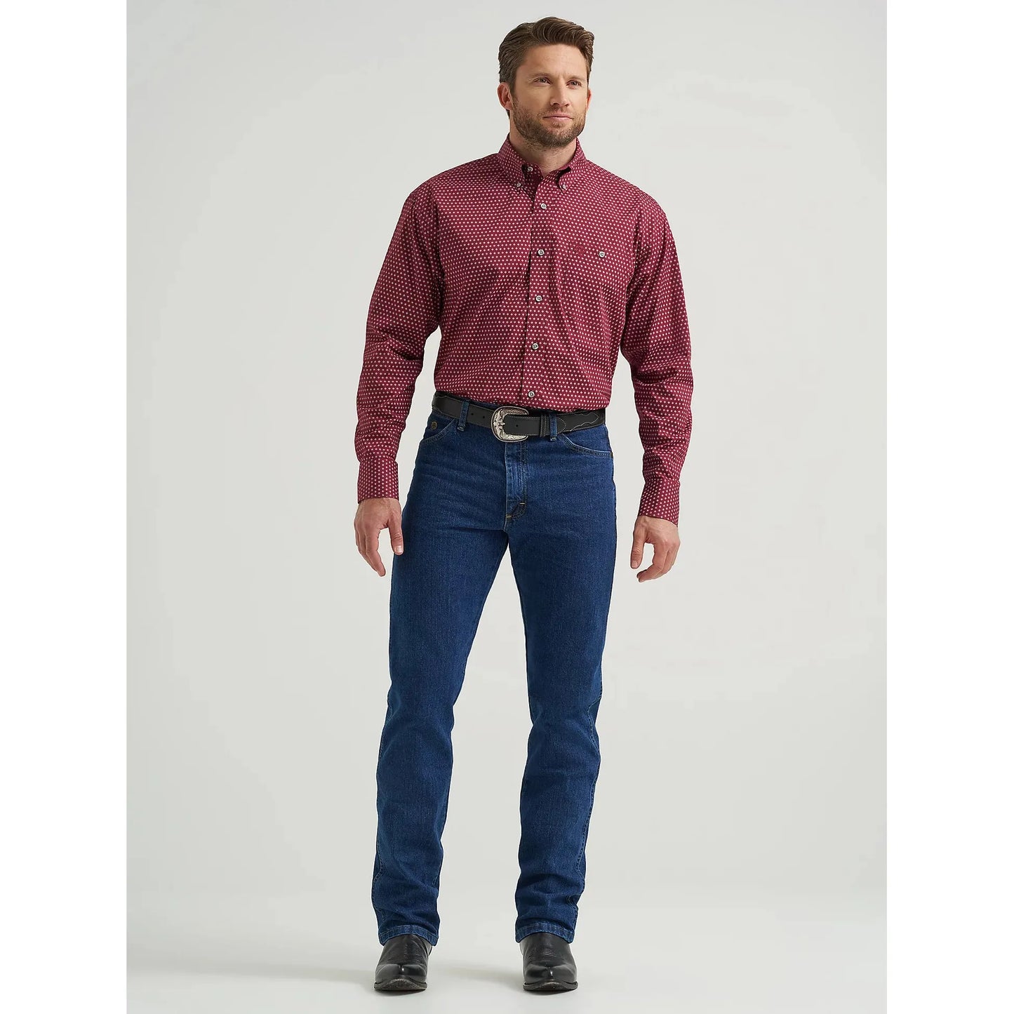 Wrangler Men's George Strait Long Sleeve One Pocket Button Down Shirt - Burgundy Dot
