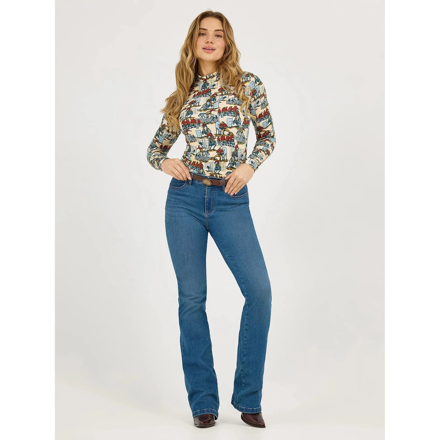 Wrangler Women's Long Sleeve Western Print Mock Neck Tee Shirt - Blue