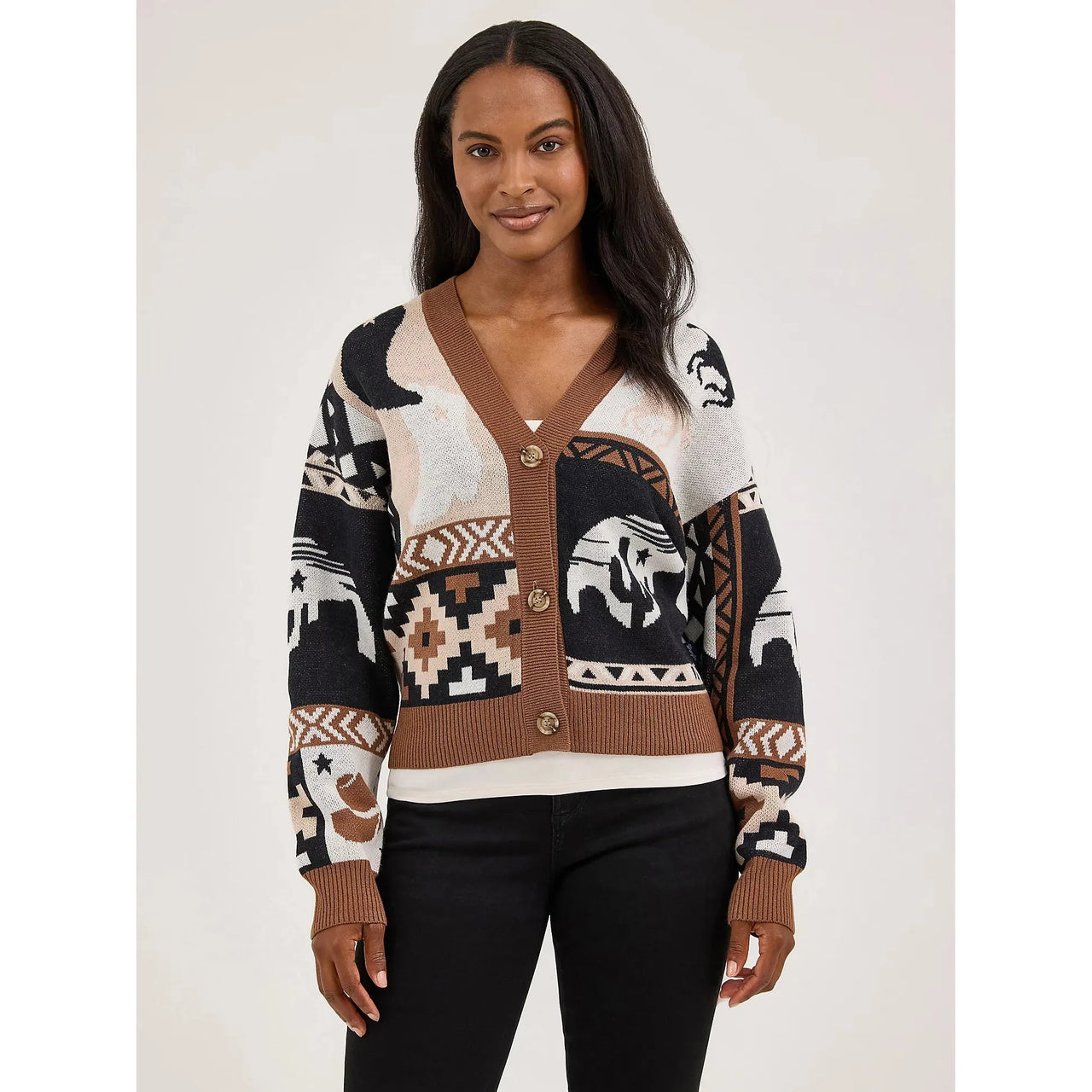 Wrangler Women's Western Cropped Cardigan Sweater - Brown