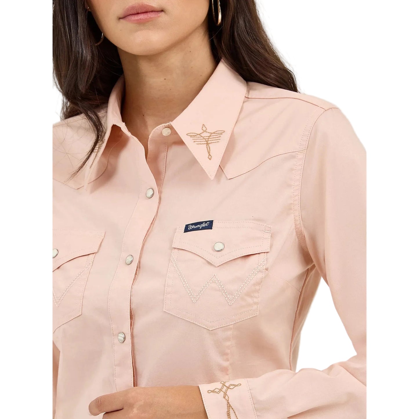 Wrangler Women's Embroidered Collar Slim Western Snap Long Sleeve Shirt - Pink