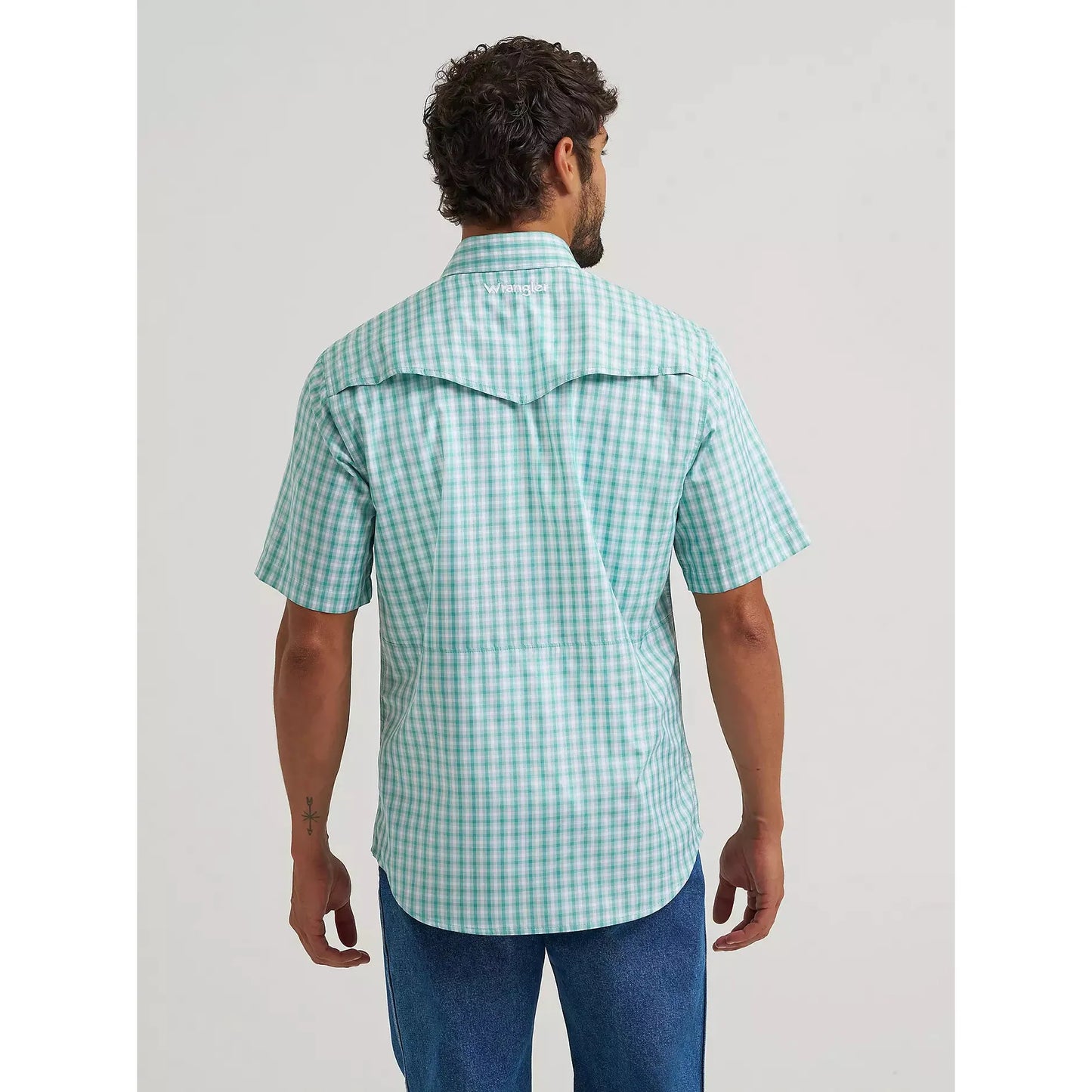 Wrangler Men's All Terrain Gear Short Sleeve Plaid Performance Shirt- Turquoise