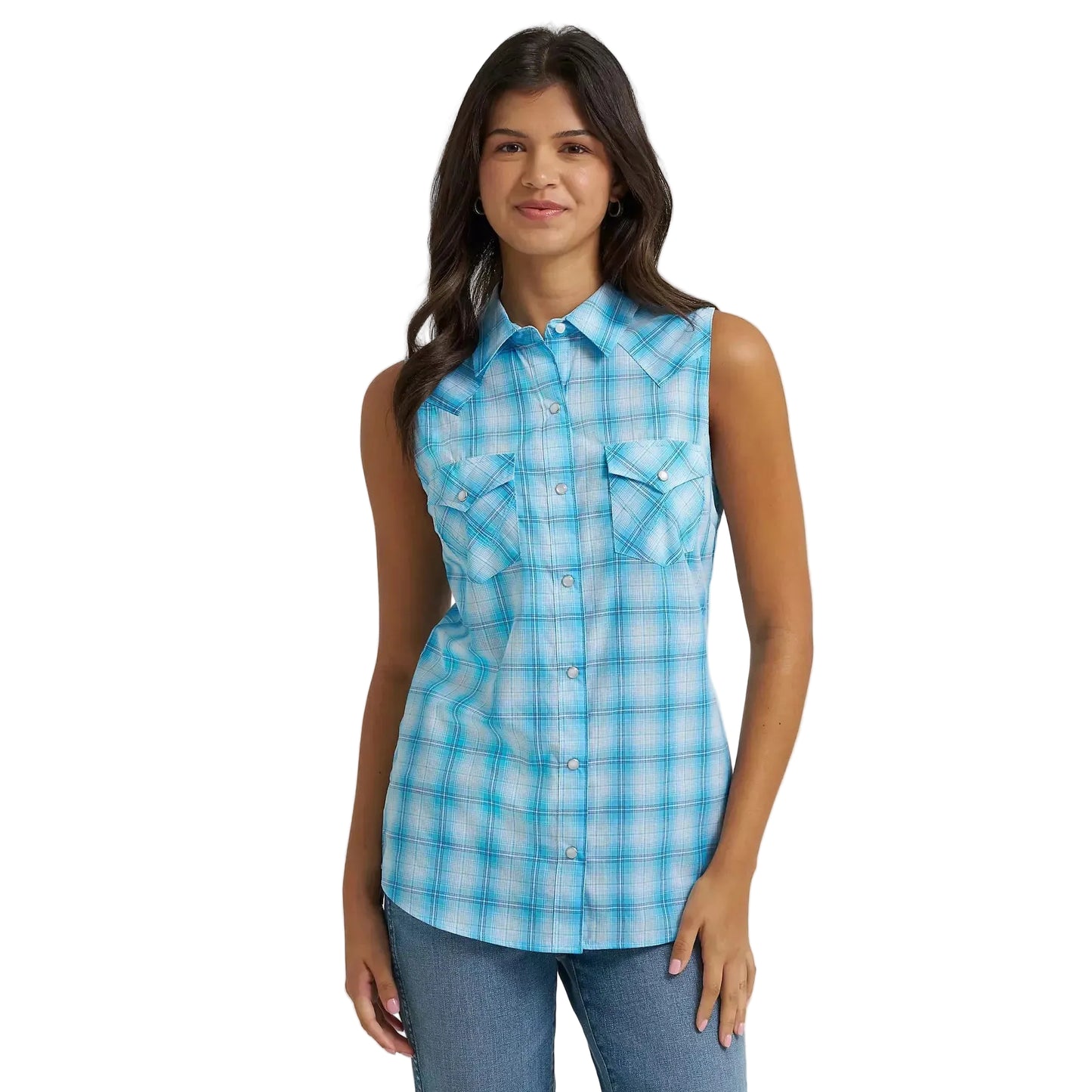 Wrangler® Women's Essential Sleeveless Plaid Western Snap Shirt - Pool Blue