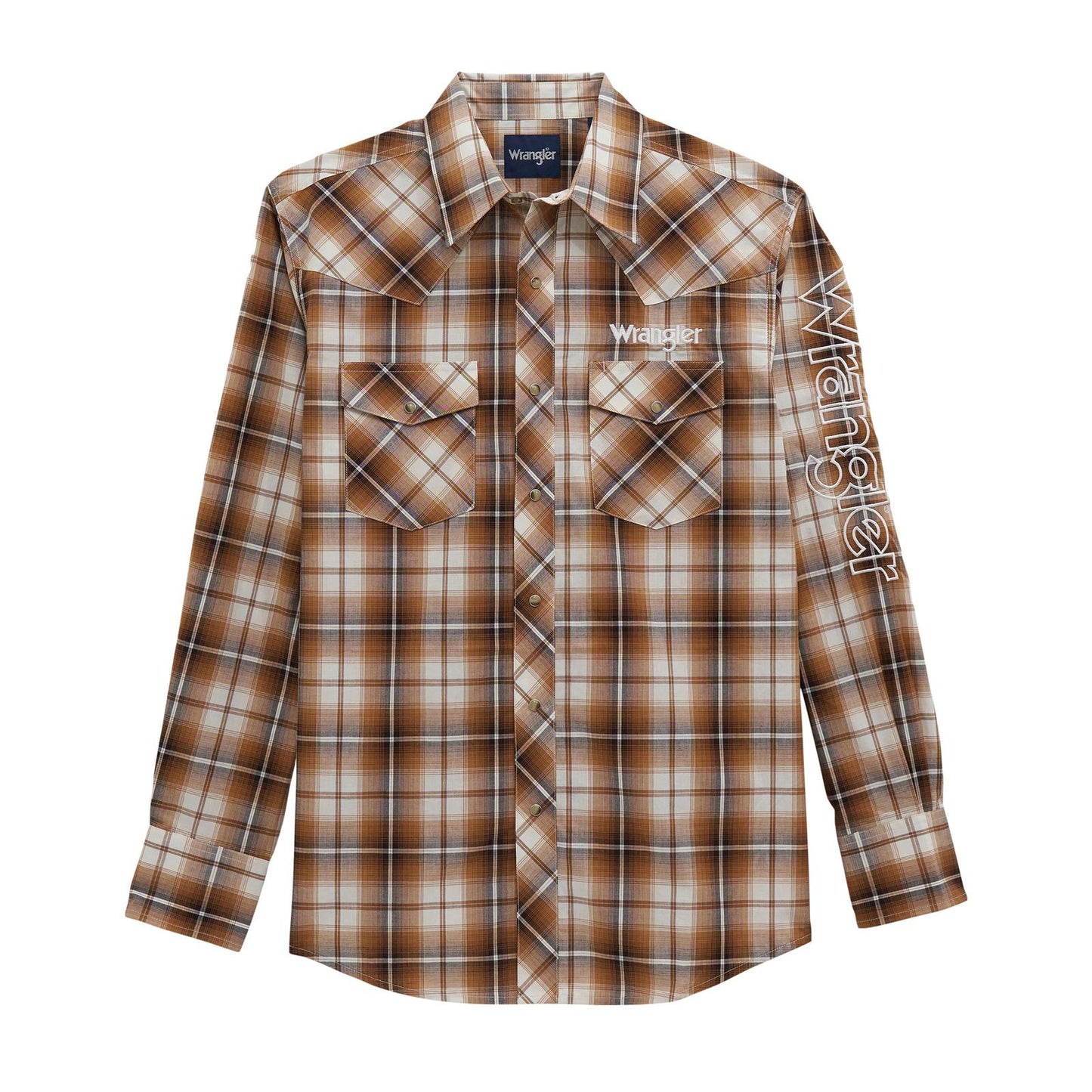 Wrangler Men's Long Sleeve Logo Plaid Snap Shirt - Brown