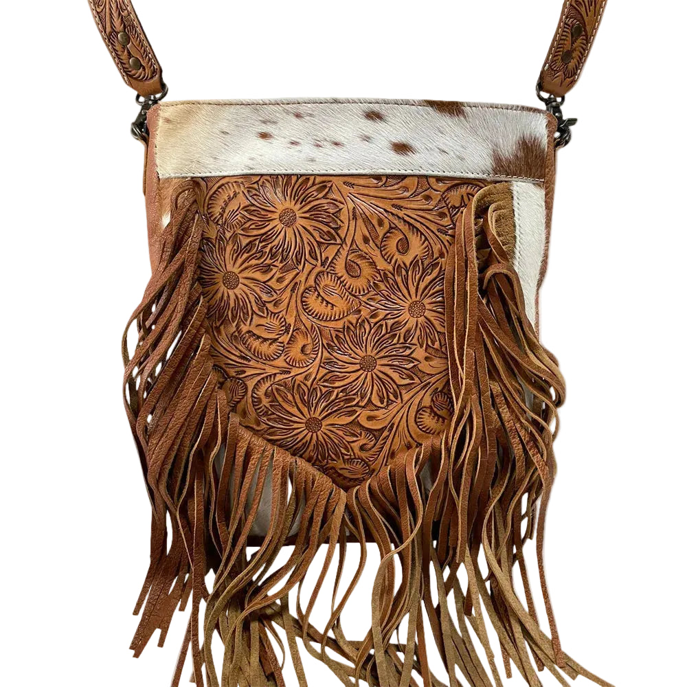 American Darling Hand Tooled Leather Messanger Bag W/ Hair on Cowhide & Fringe