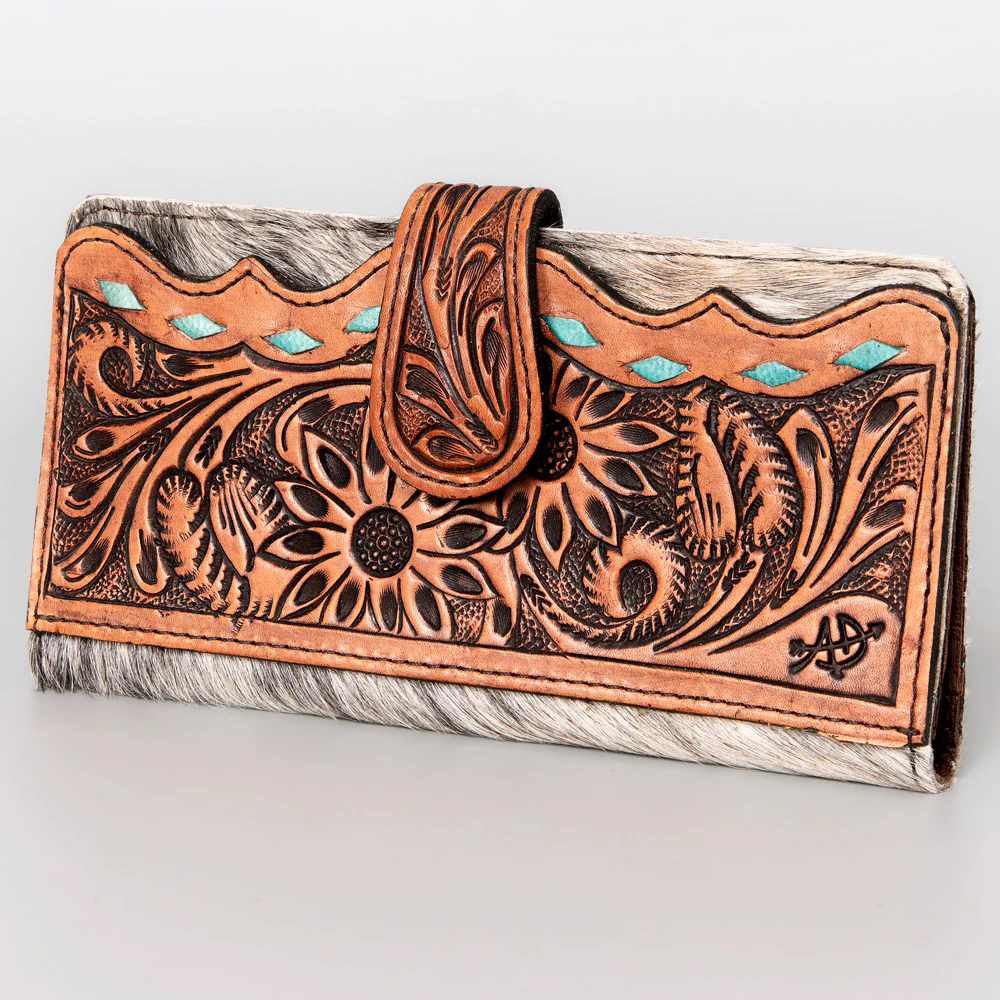 American Darling Hand-Tooled Hair On Wallet - Tan/Turquoise