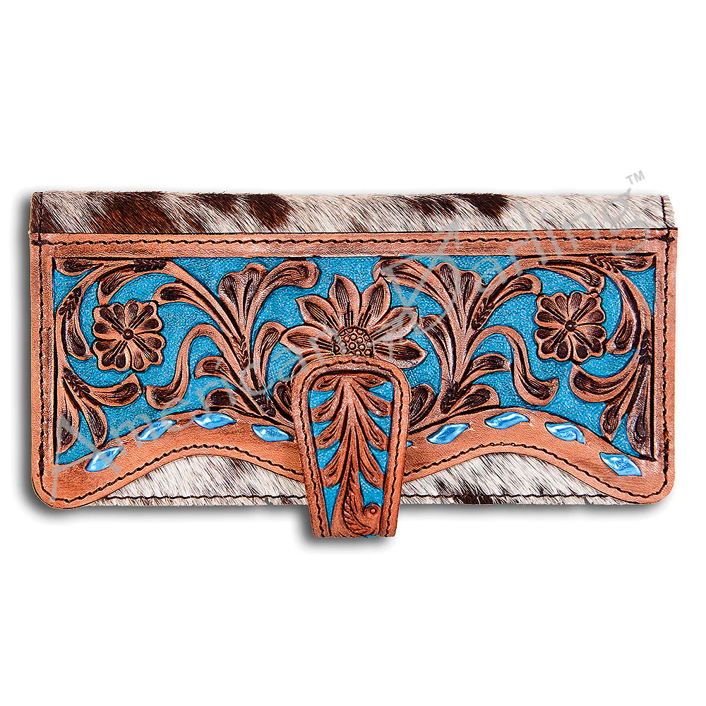 American Darling Hand-Tooled Hair On Wallet - Tan/Blue Turquoise