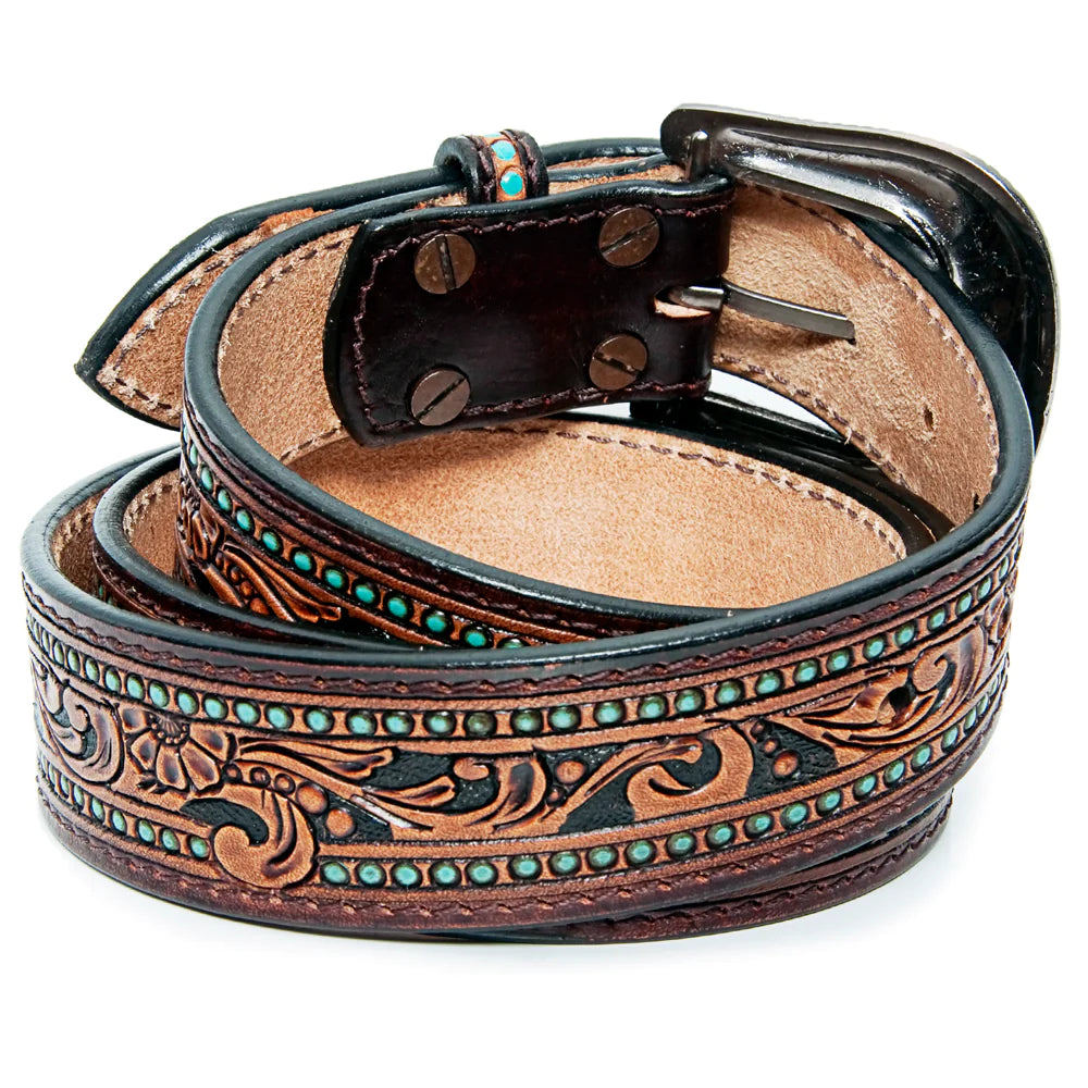 American Darling Tooled Leather Belt - Flower Filigree w/Turquoise Dots
