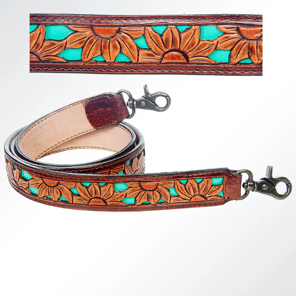 American Darling Leather Hand-Tooled Purse Strap - Turquoise Inlay/Sunflowers