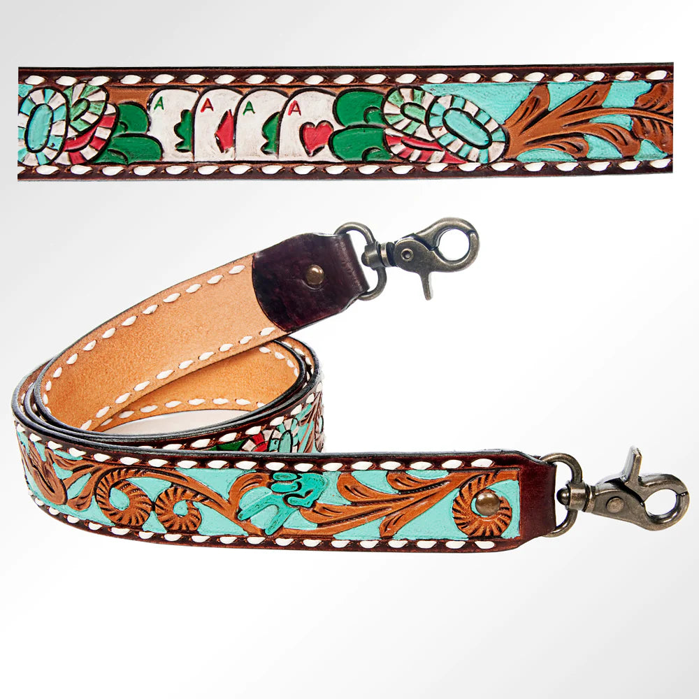 American Darling Leather Hand-Tooled Purse Strap - Poker Cards & Chips w/Turquoise Inlay