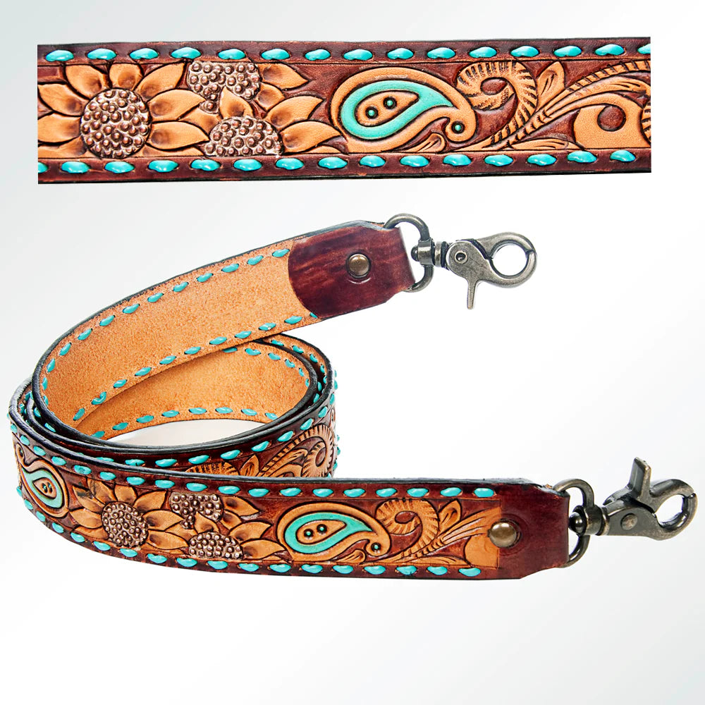 American Darling Leather Hand-Tooled Purse Strap - Sunflower Paisley Print