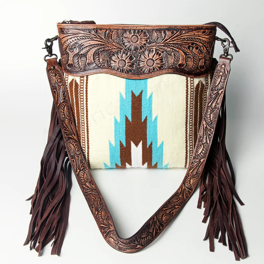 American Darling Hand Tooled Floral Saddle Blanket Purse - Cream/Rust/Turquoise