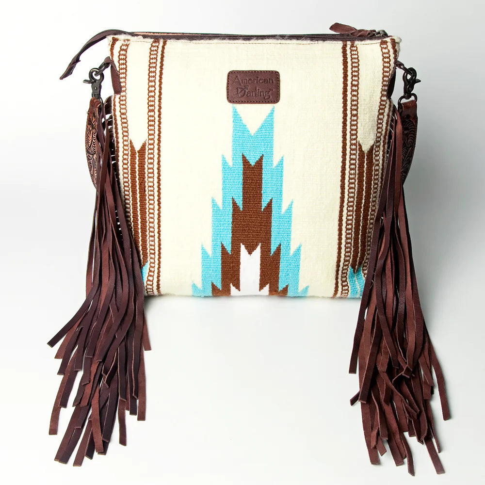 American Darling Hand Tooled Floral Saddle Blanket Purse - Cream/Rust/Turquoise